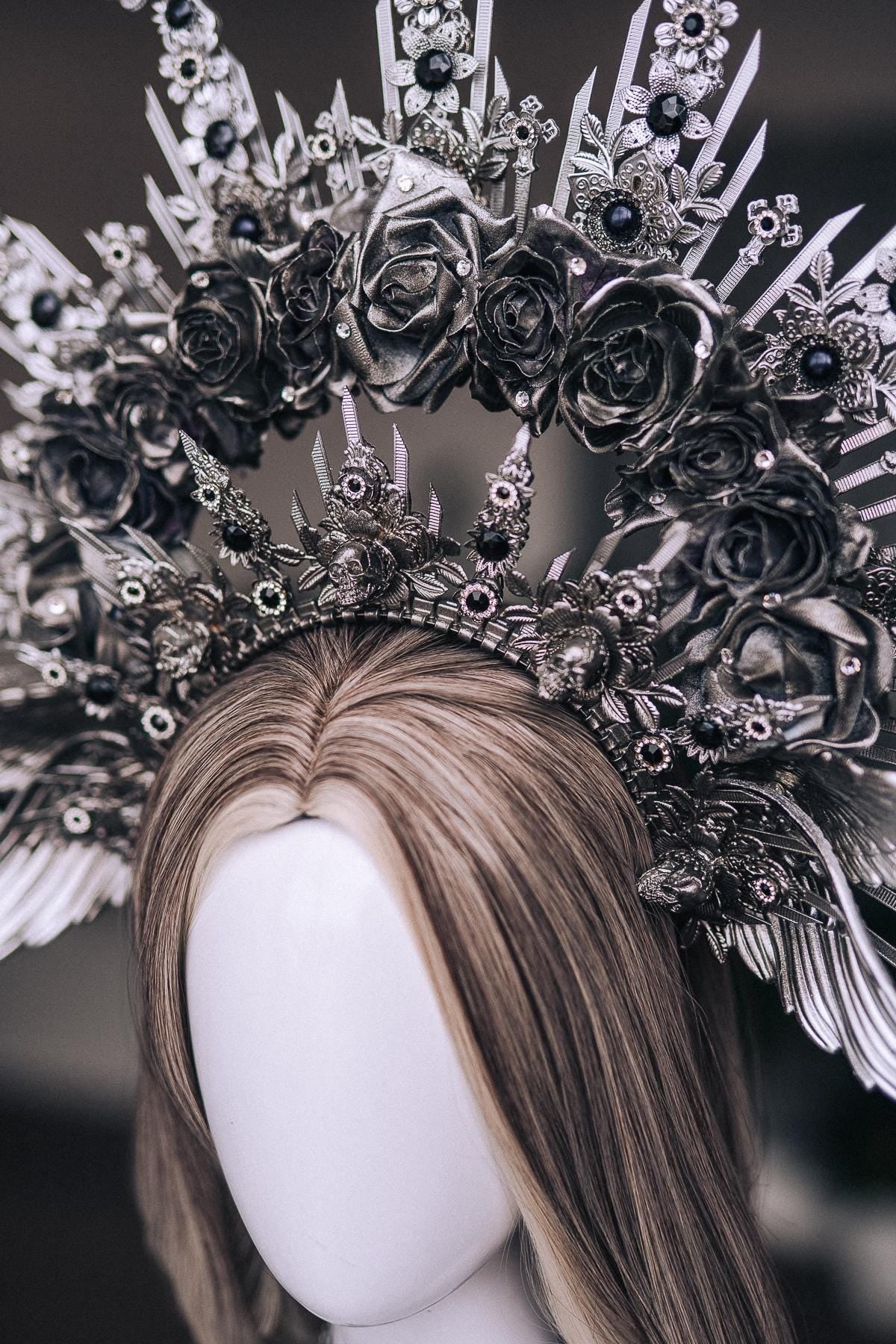 Fallen Angel Crown, Gothic Silver Halo Headpiece, Dark Angel Costume Crown, Black Fantasy Headdress