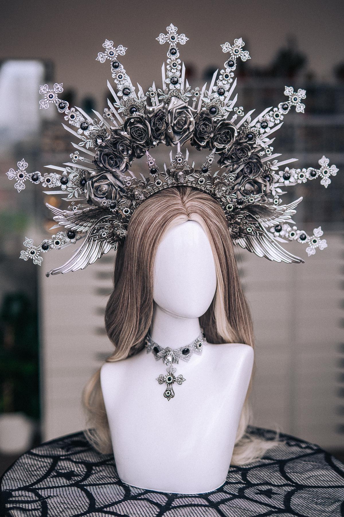 Fallen Angel Crown, Gothic Silver Halo Headpiece, Dark Angel Costume Crown, Black Fantasy Headdress