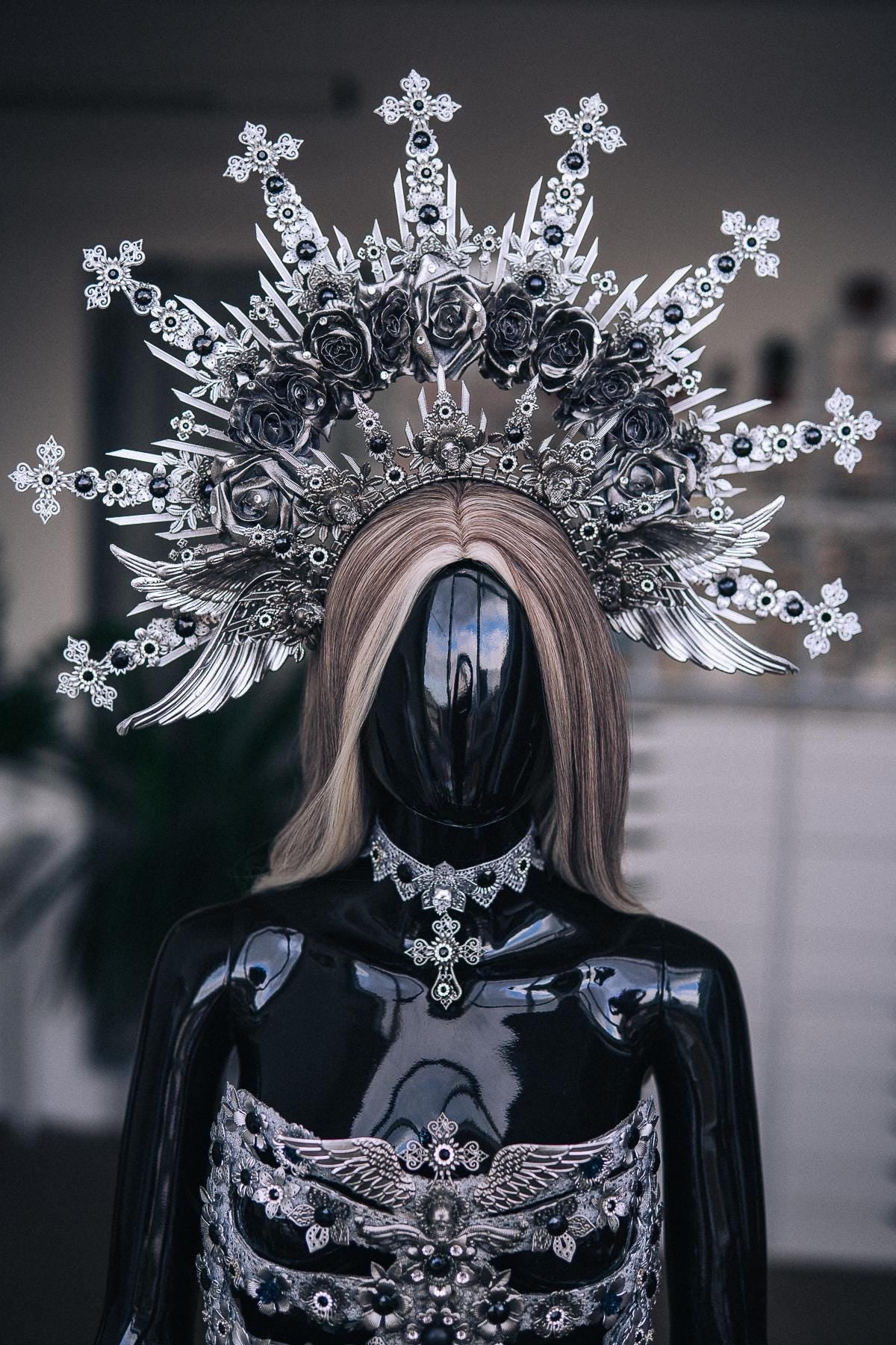Fallen Angel Crown, Gothic Silver Halo Headpiece, Dark Angel Costume Crown, Black Fantasy Headdress