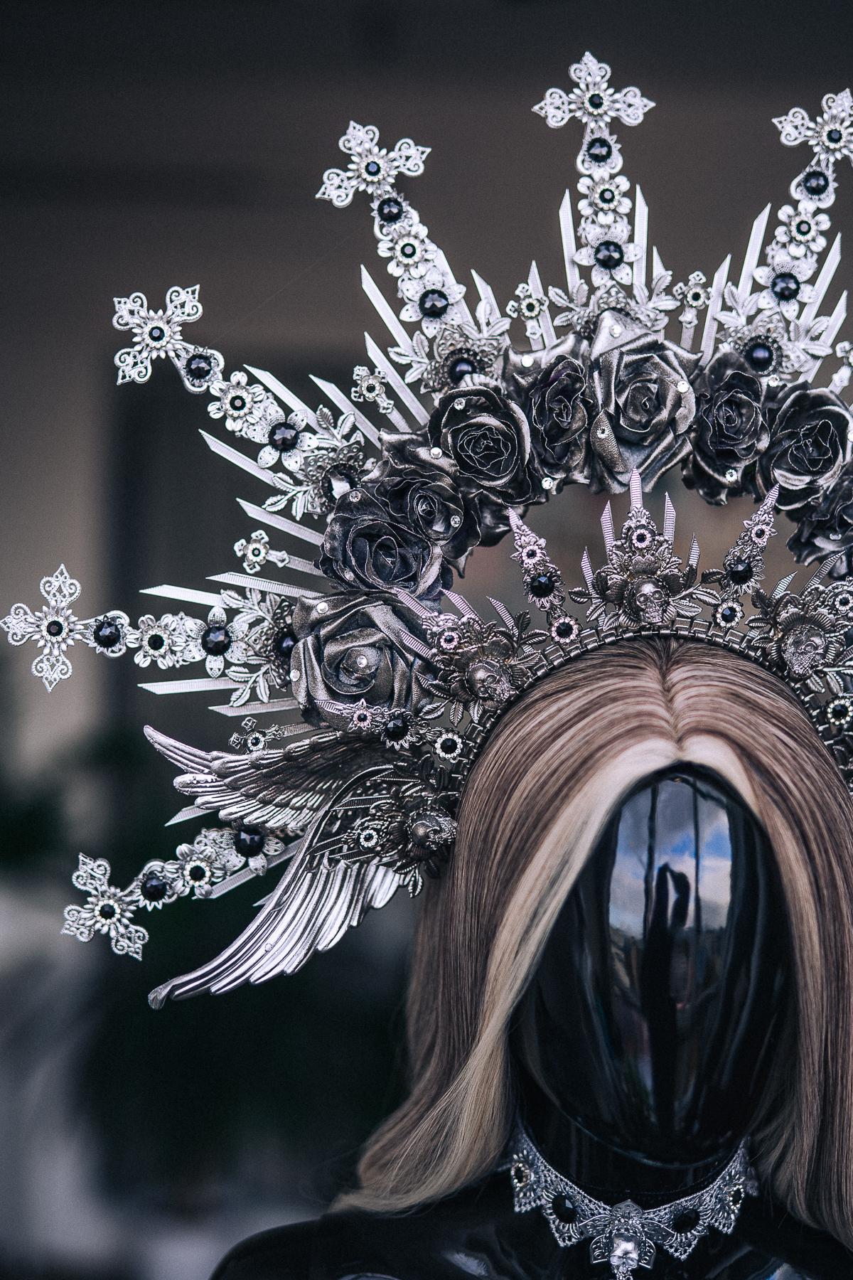 Fallen Angel Crown, Gothic Silver Halo Headpiece, Dark Angel Costume Crown, Black Fantasy Headdress