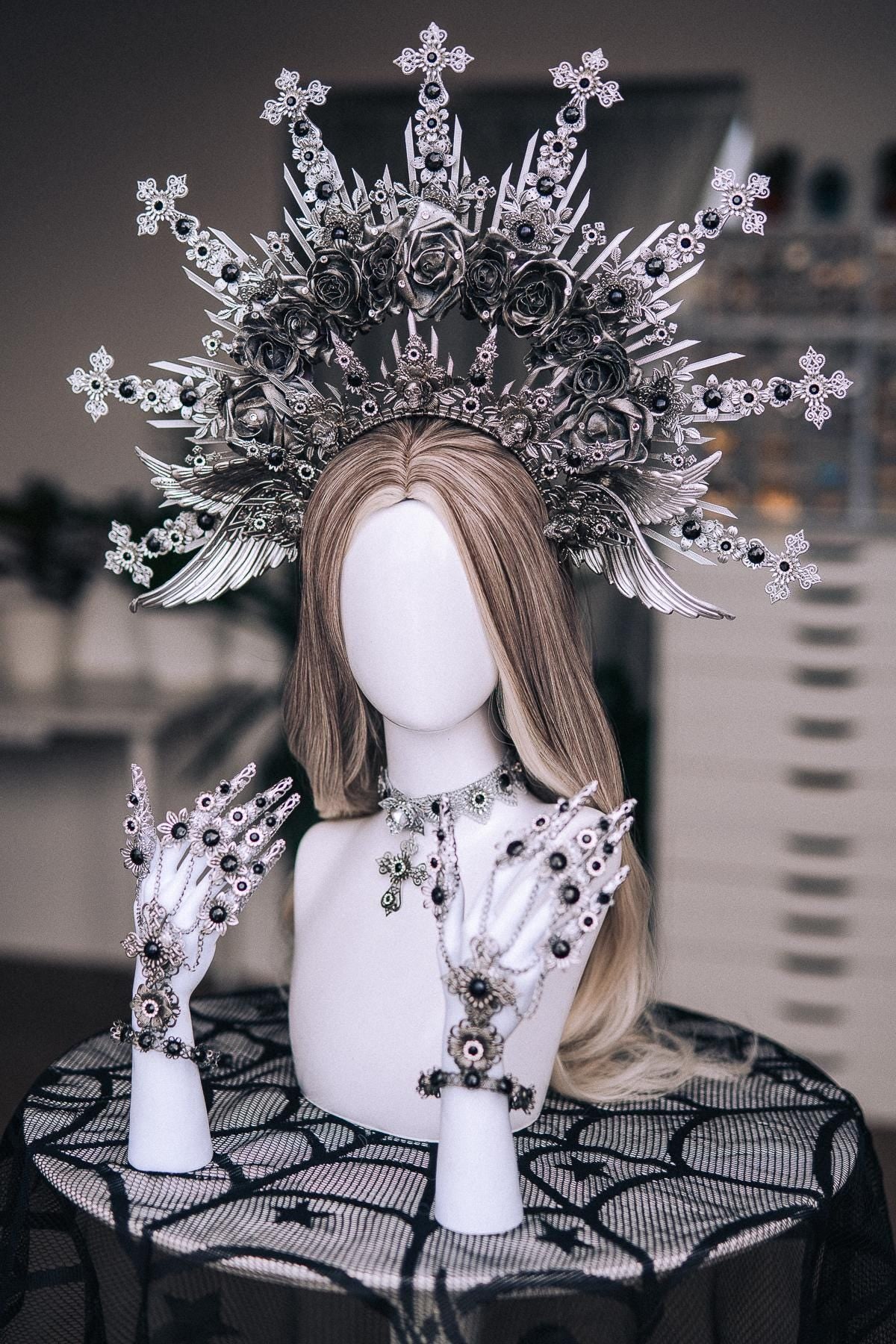 Fallen Angel Crown, Gothic Silver Halo Headpiece, Dark Angel Costume Crown, Black Fantasy Headdress