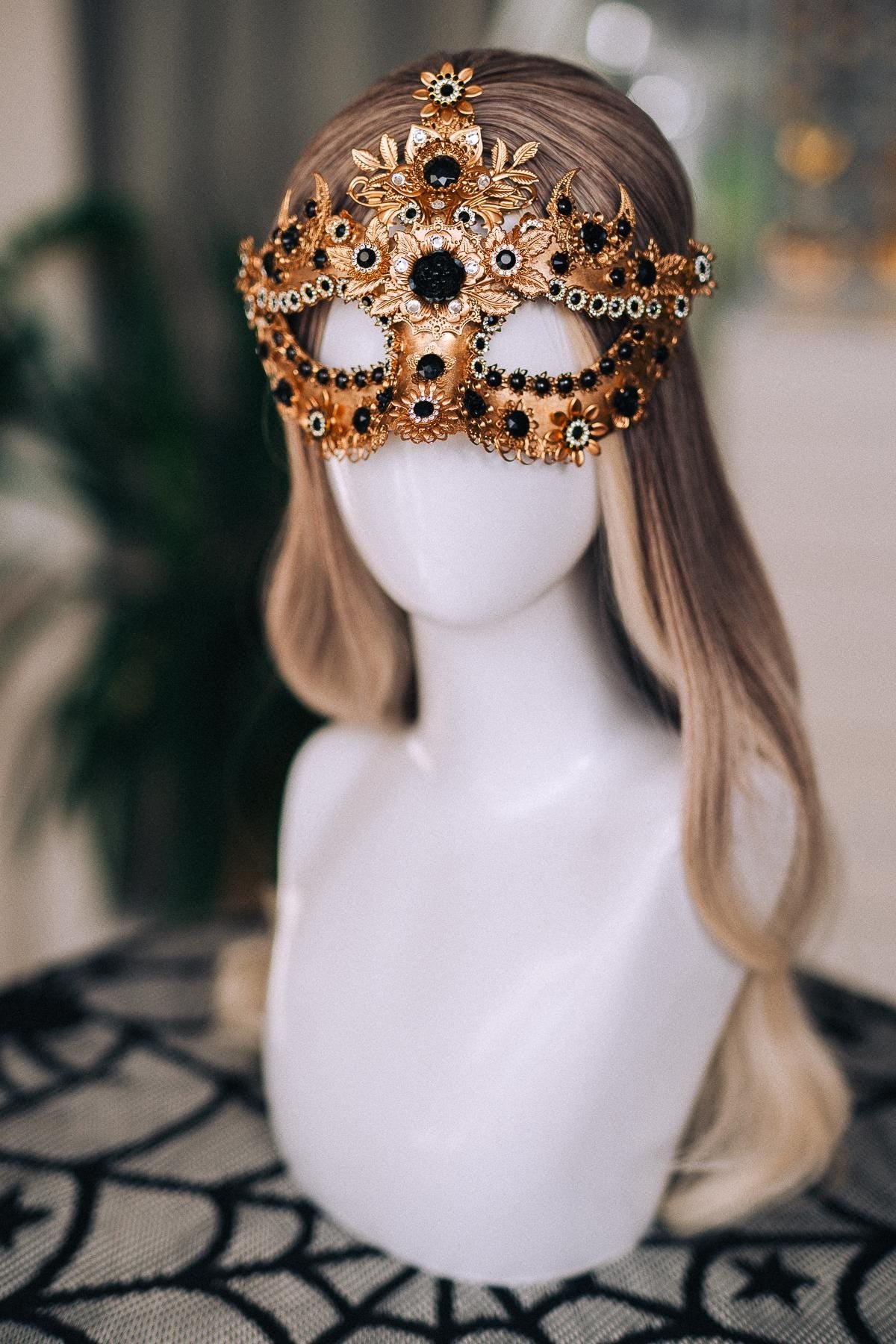 Gold Masquerade Mask with Black Jewels, Baroque Venetian Style