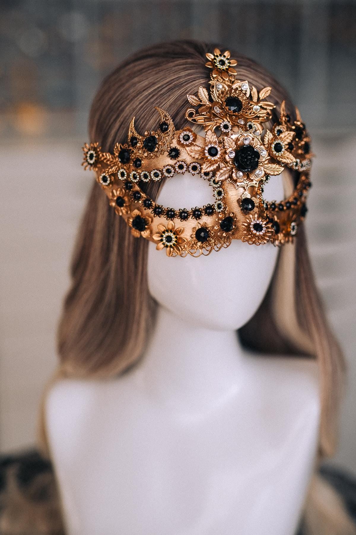 Gold Masquerade Mask with Black Jewels, Baroque Venetian Style