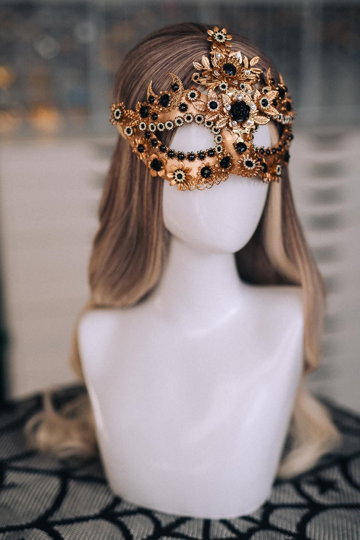 Gold Masquerade Mask with Black Jewels, Baroque Venetian Style