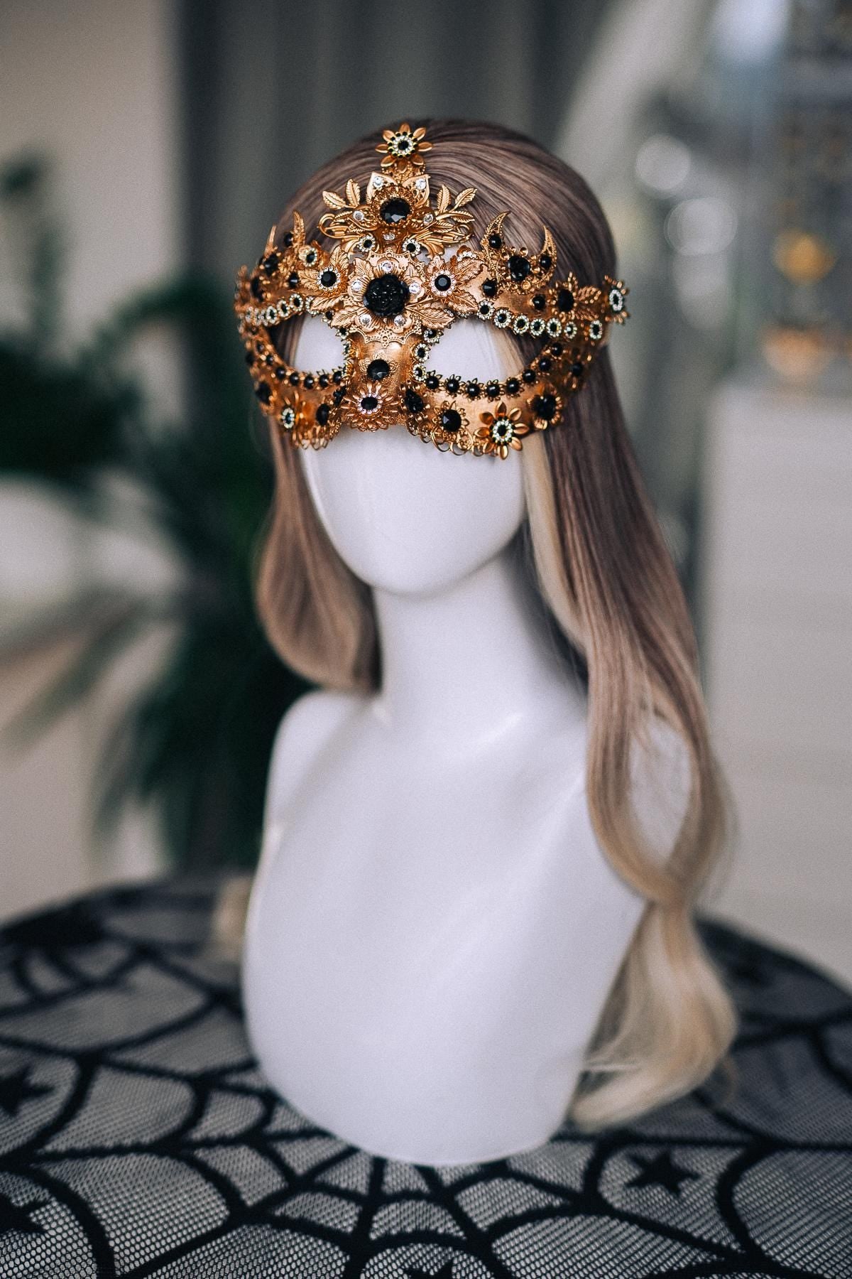 Gold Masquerade Mask with Black Jewels, Baroque Venetian Style
