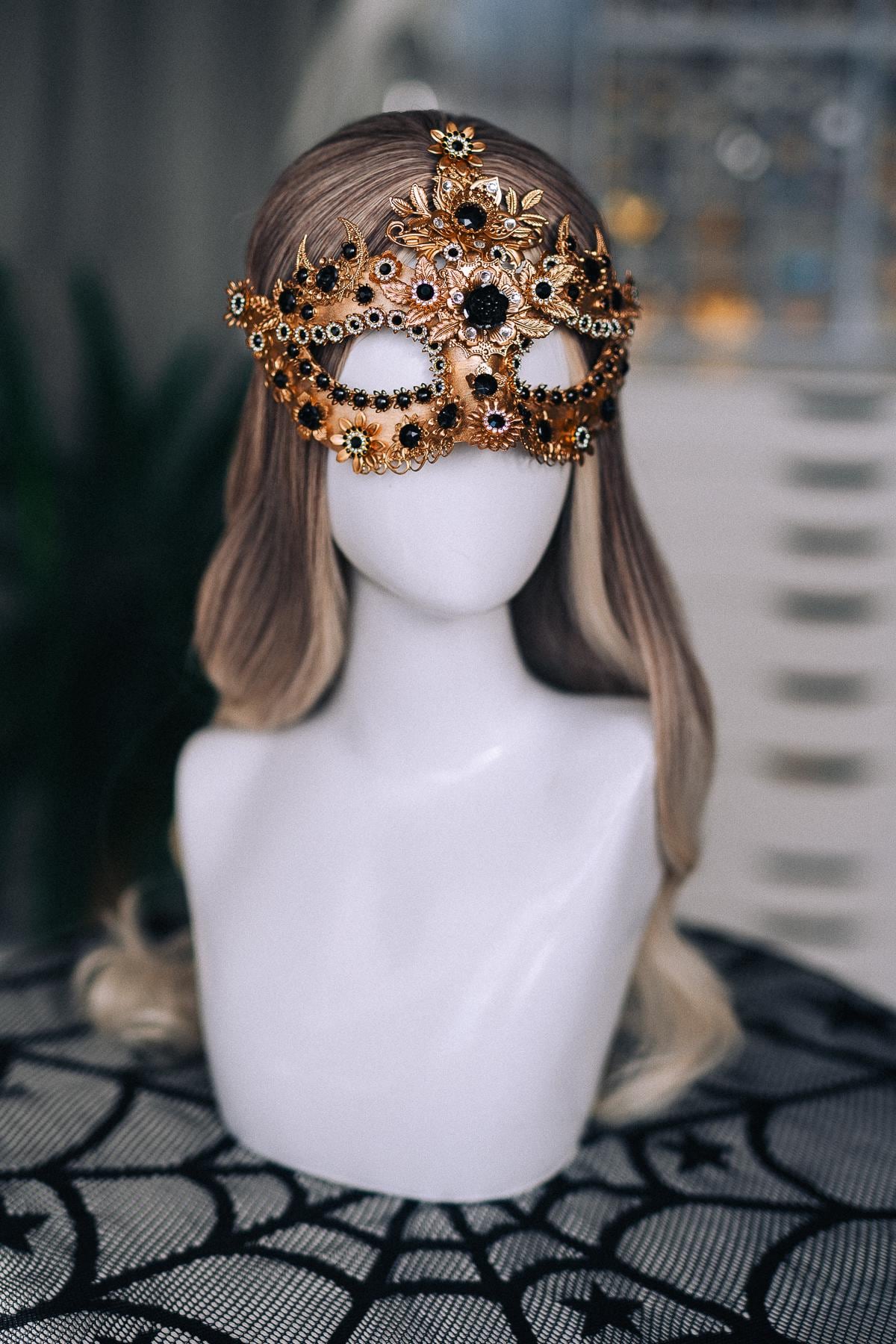 Gold Masquerade Mask with Black Jewels, Baroque Venetian Style