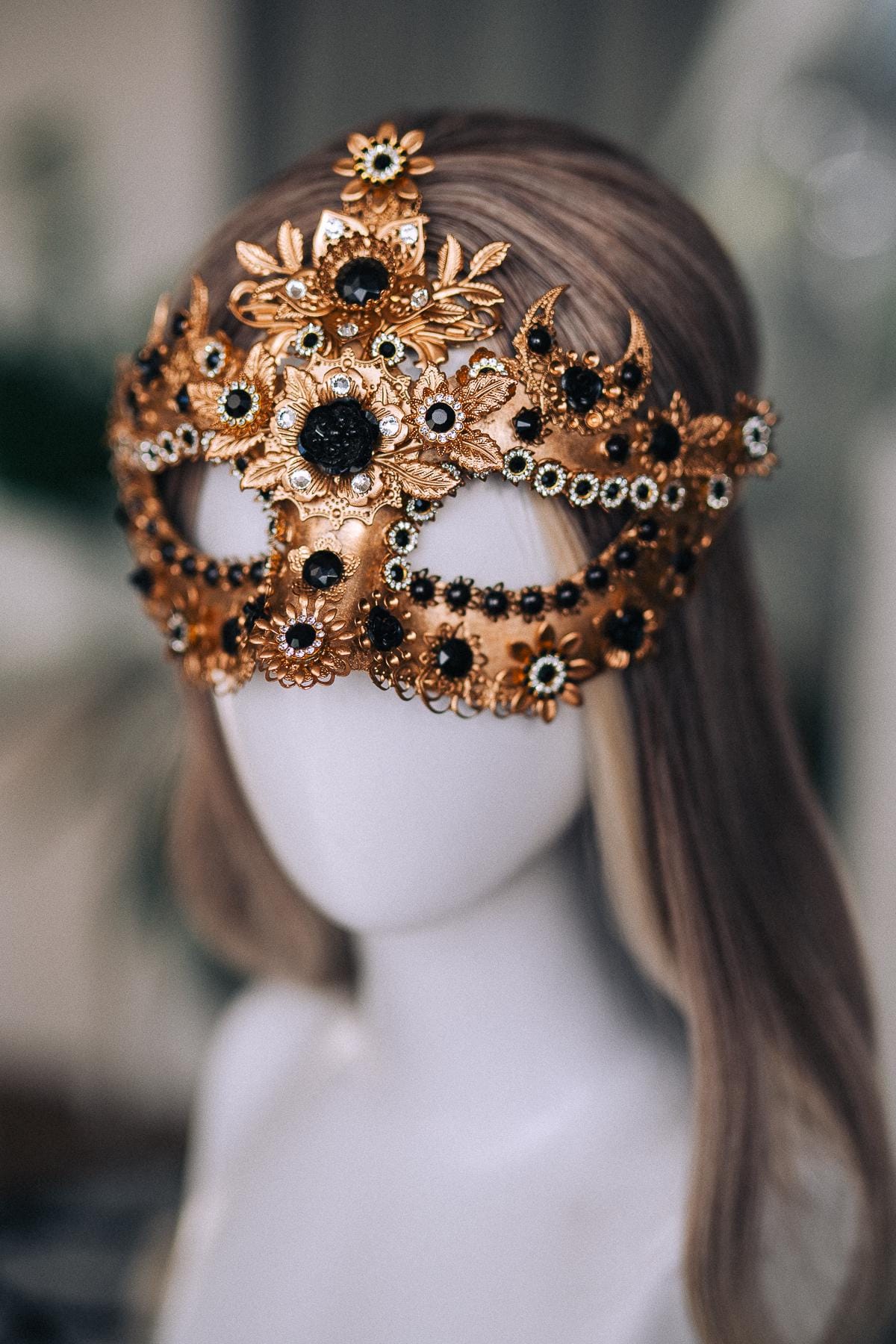 Gold Masquerade Mask with Black Jewels, Baroque Venetian Style