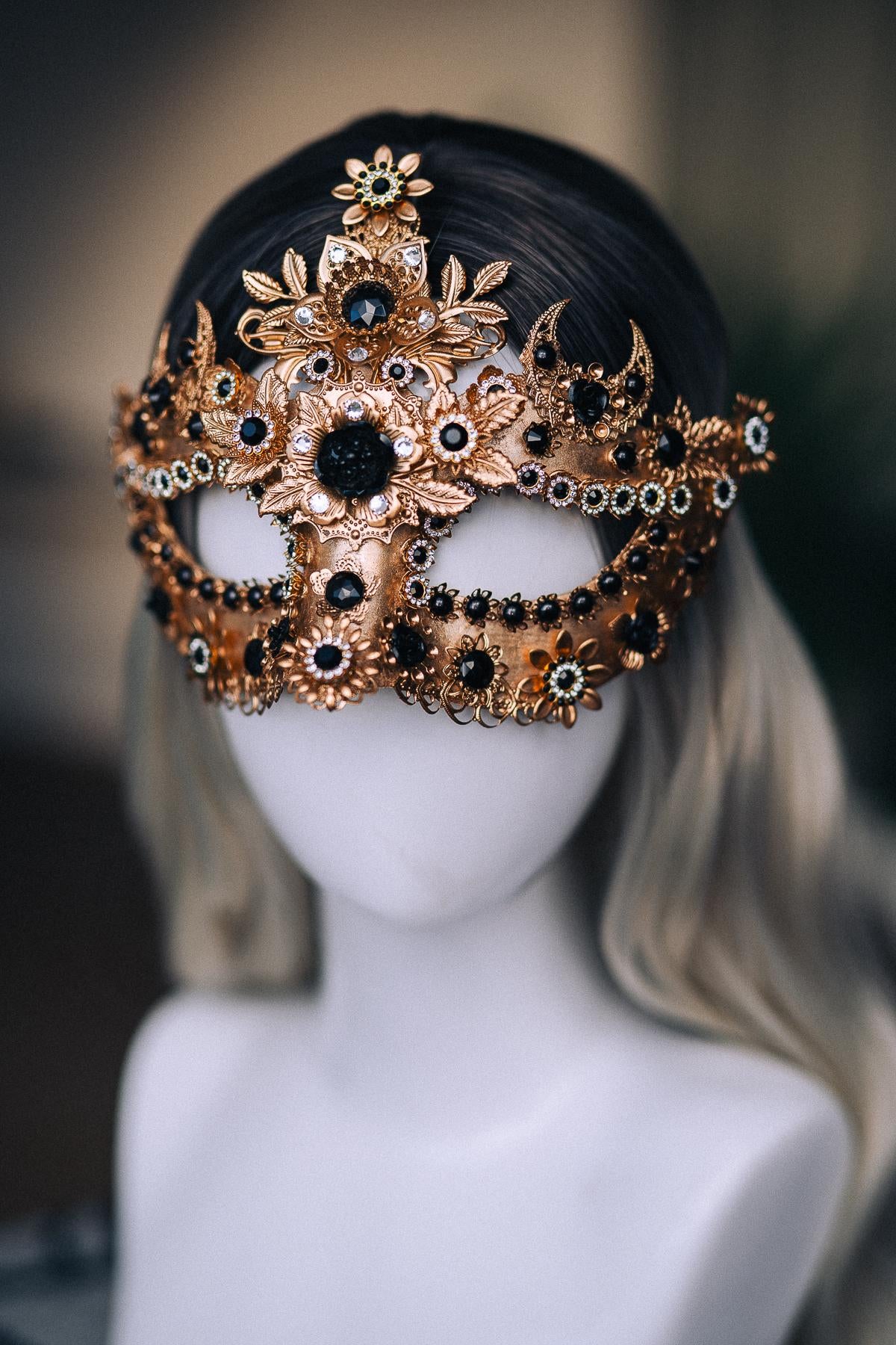 Gold Masquerade Mask with Black Jewels, Baroque Venetian Style