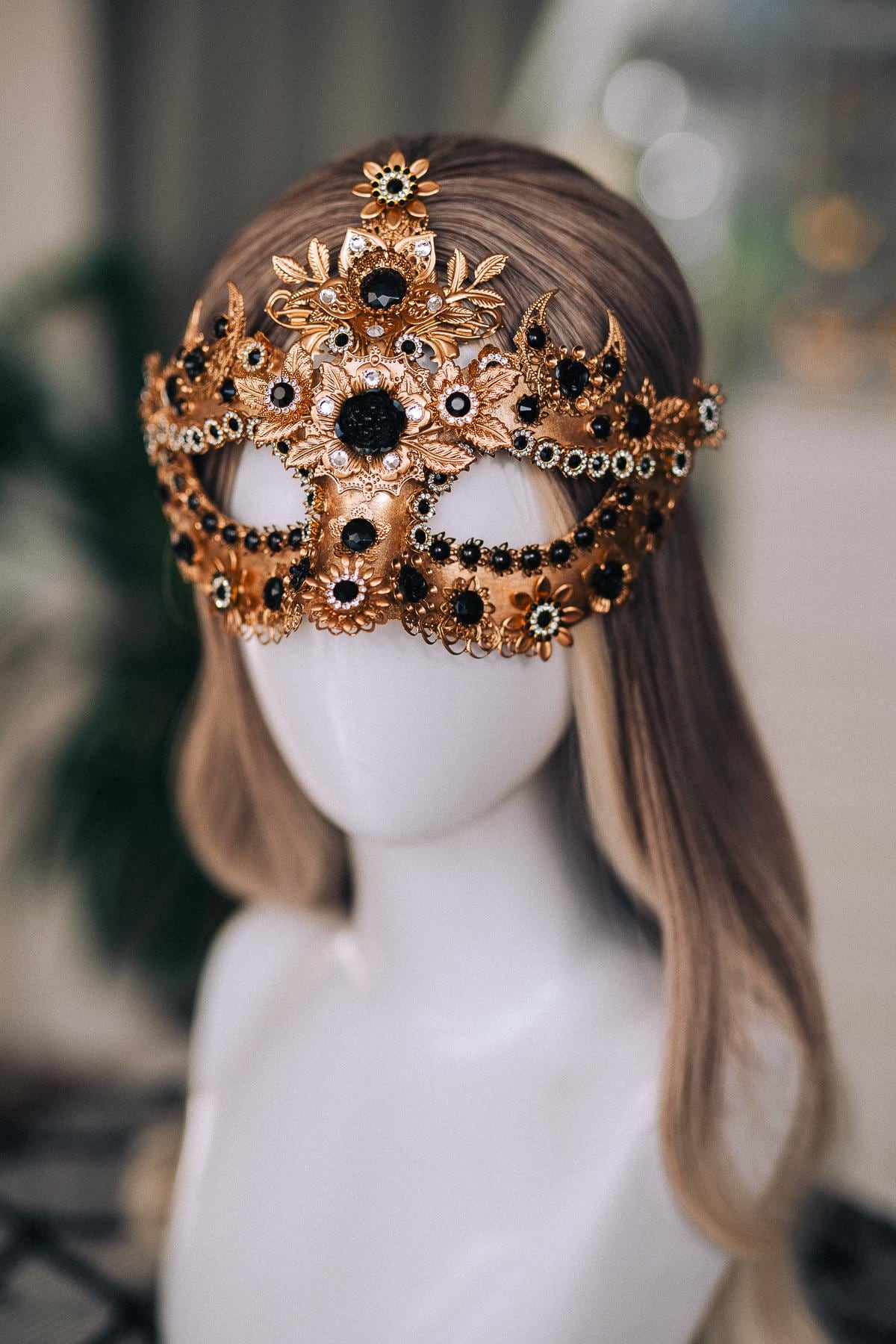 Gold Masquerade Mask with Black Jewels, Baroque Venetian Style