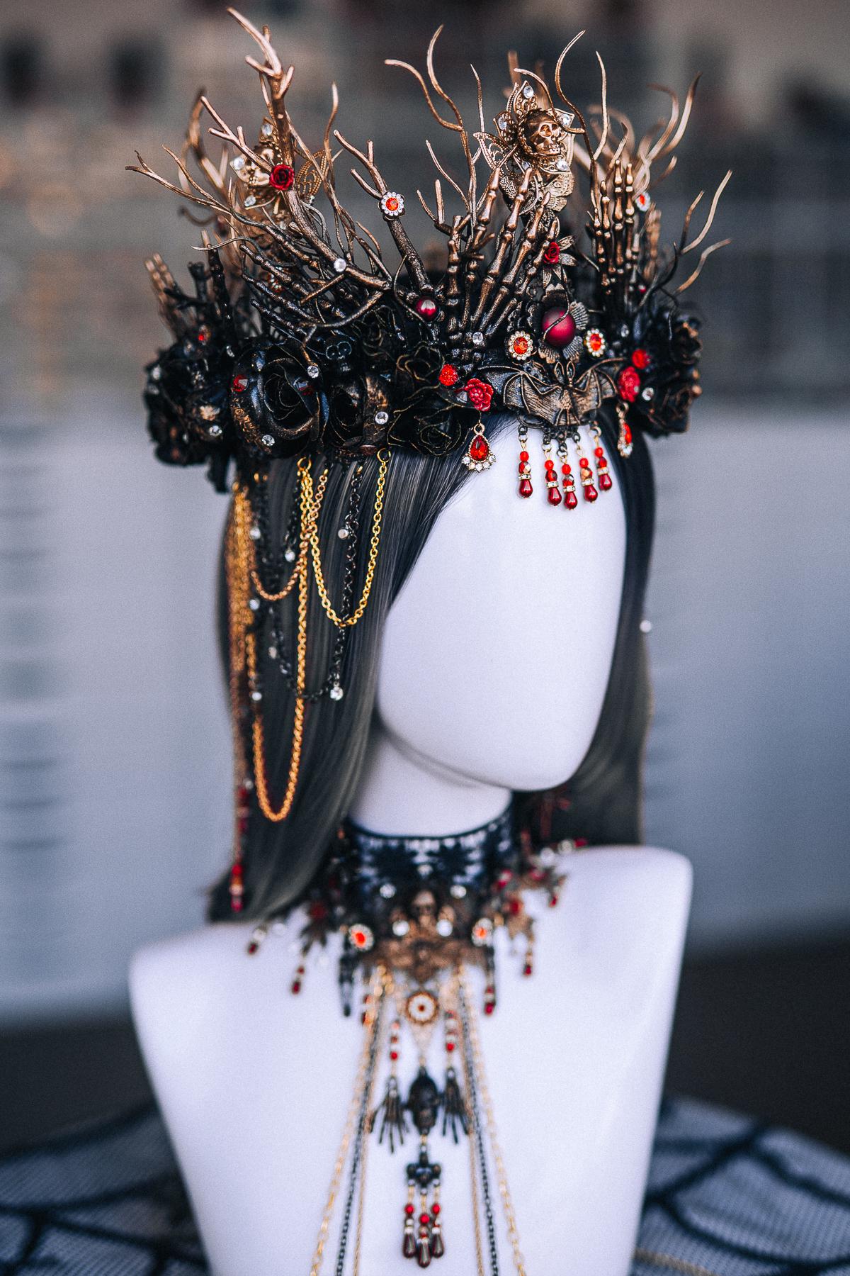Gothic Red Crystal Dangle Earrings with Black Starburst Pendants and Ornate Filigree