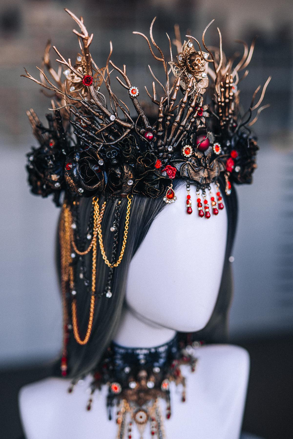 Gothic Red Crystal Dangle Earrings with Black Starburst Pendants and Ornate Filigree