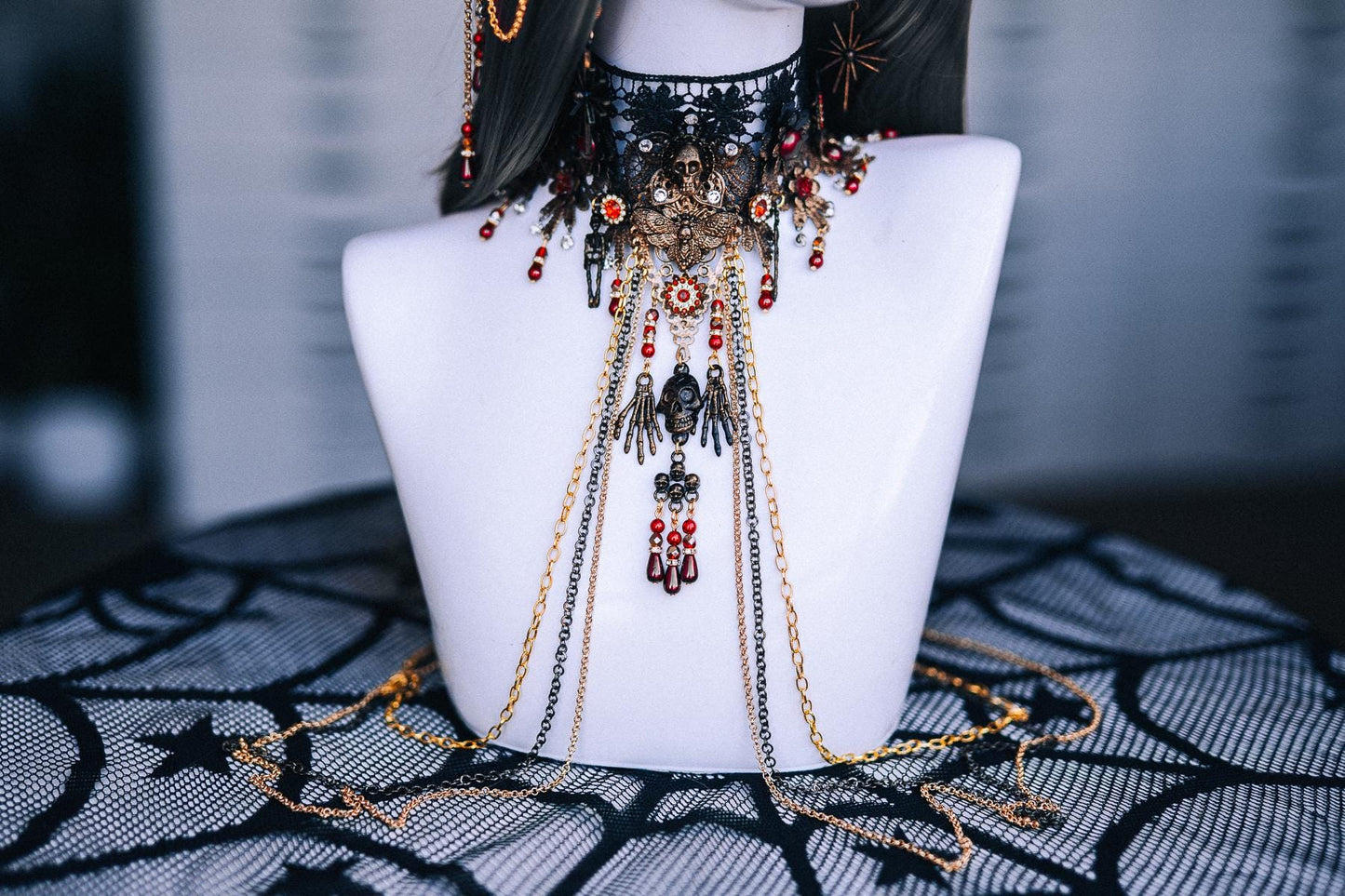 Gothic Choker Necklace with Red Stones and Draped Body Chains, Ornate Black Filigree Jewelry