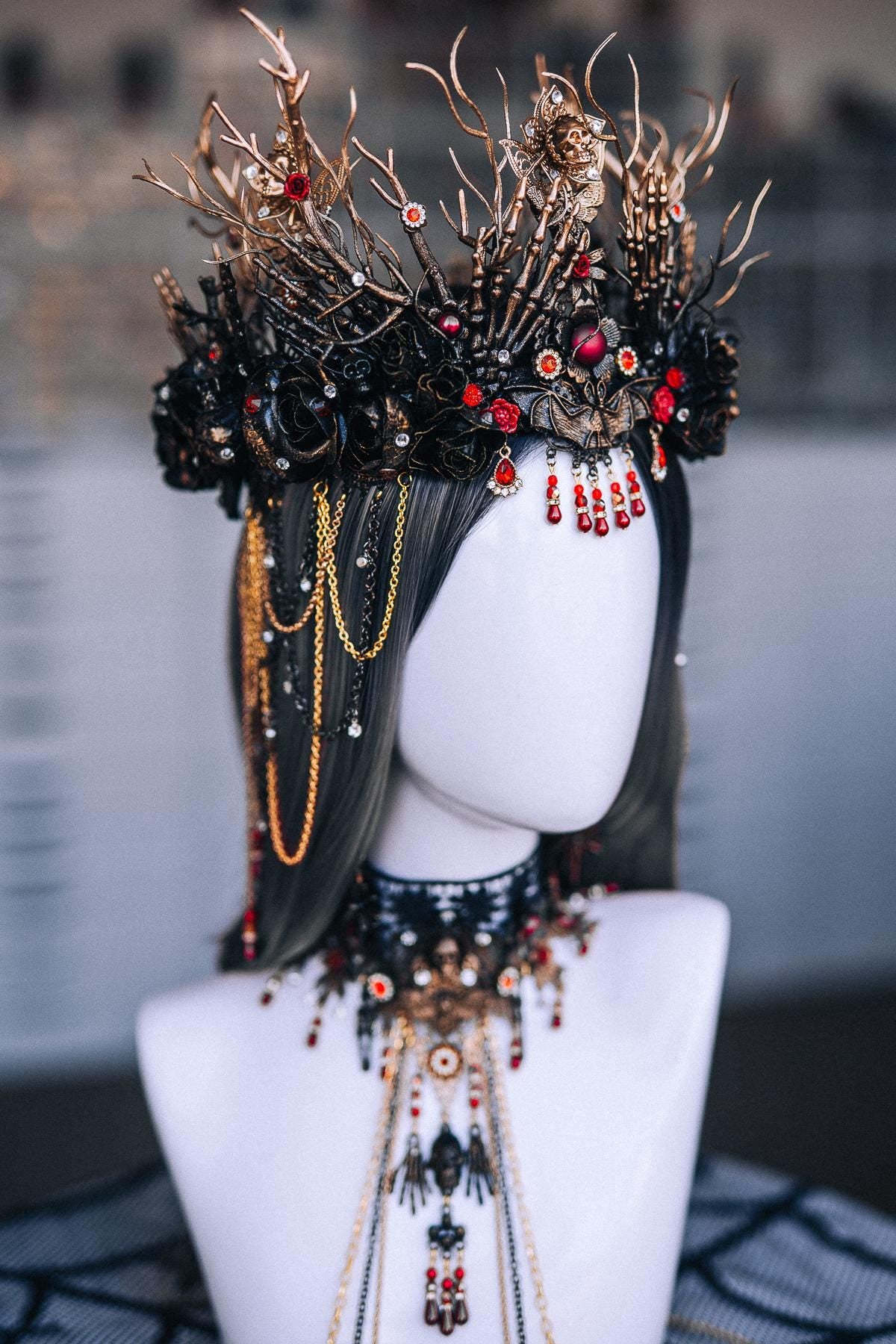 Gothic Choker Necklace with Red Stones and Draped Body Chains, Ornate Black Filigree Jewelry