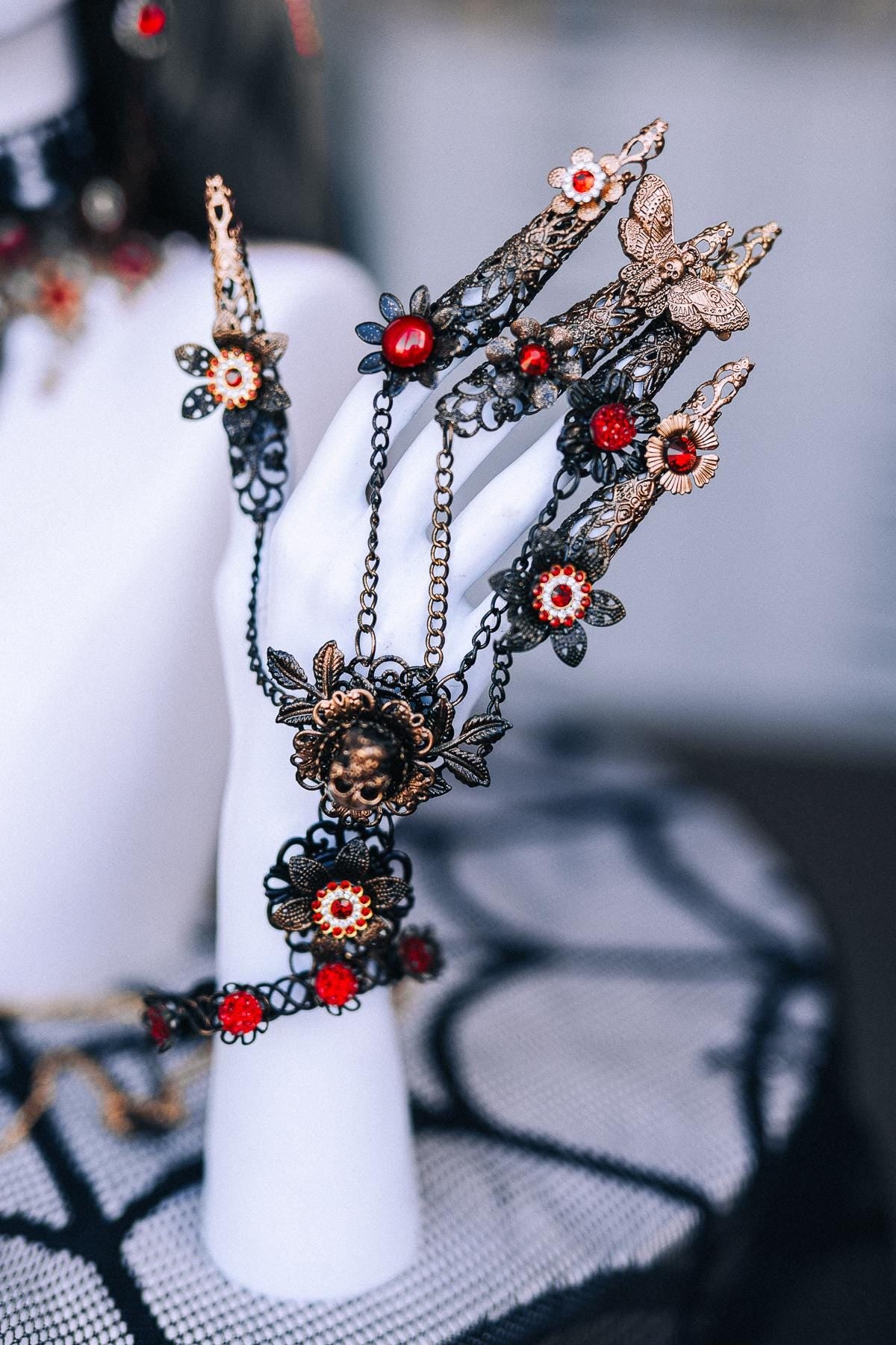 Gothic Choker Necklace with Red Stones and Draped Body Chains, Ornate Black Filigree Jewelry