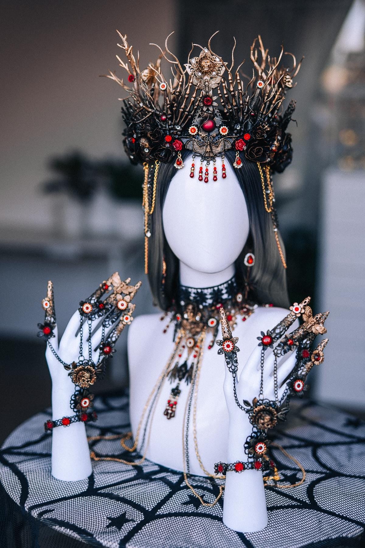 Gothic Choker Necklace with Red Stones and Draped Body Chains, Ornate Black Filigree Jewelry