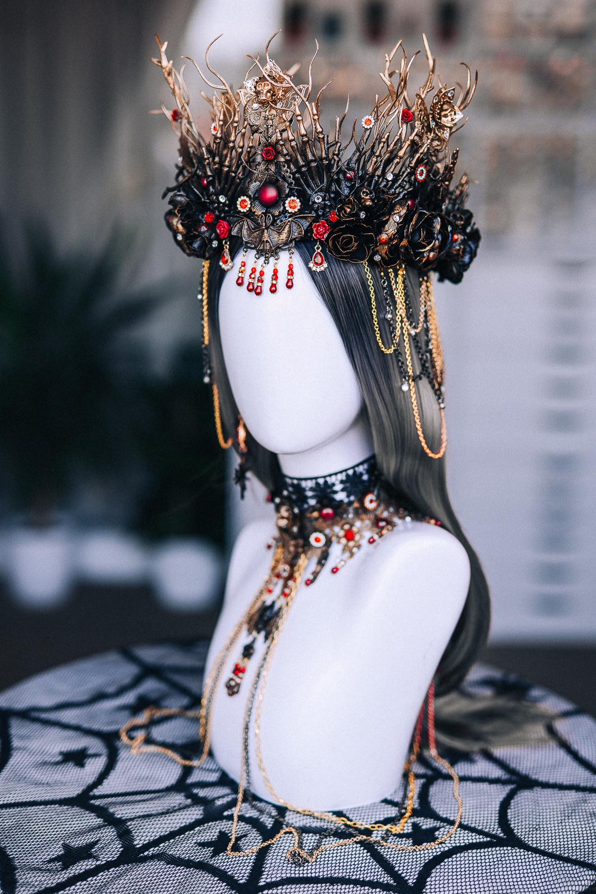 Gothic Choker Necklace with Red Stones and Draped Body Chains, Ornate Black Filigree Jewelry