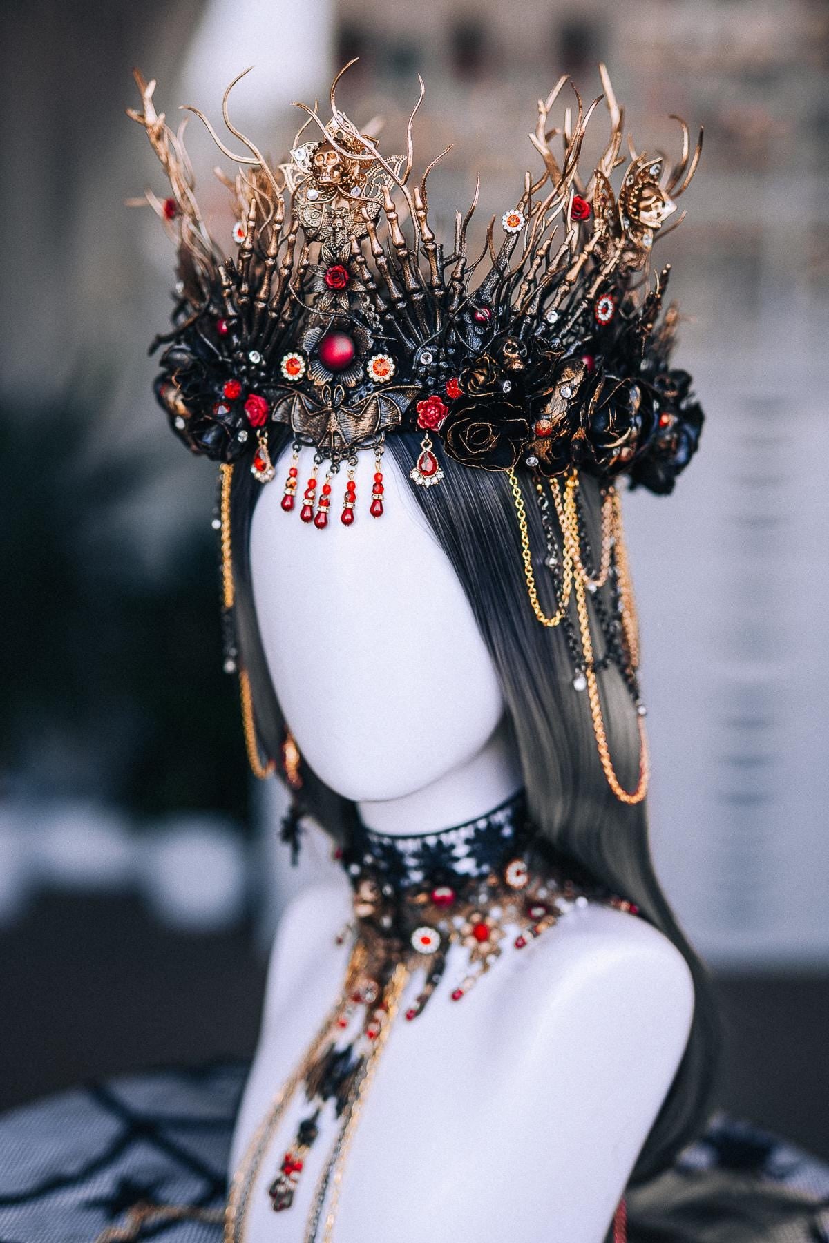 Gothic Choker Necklace with Red Stones and Draped Body Chains, Ornate Black Filigree Jewelry