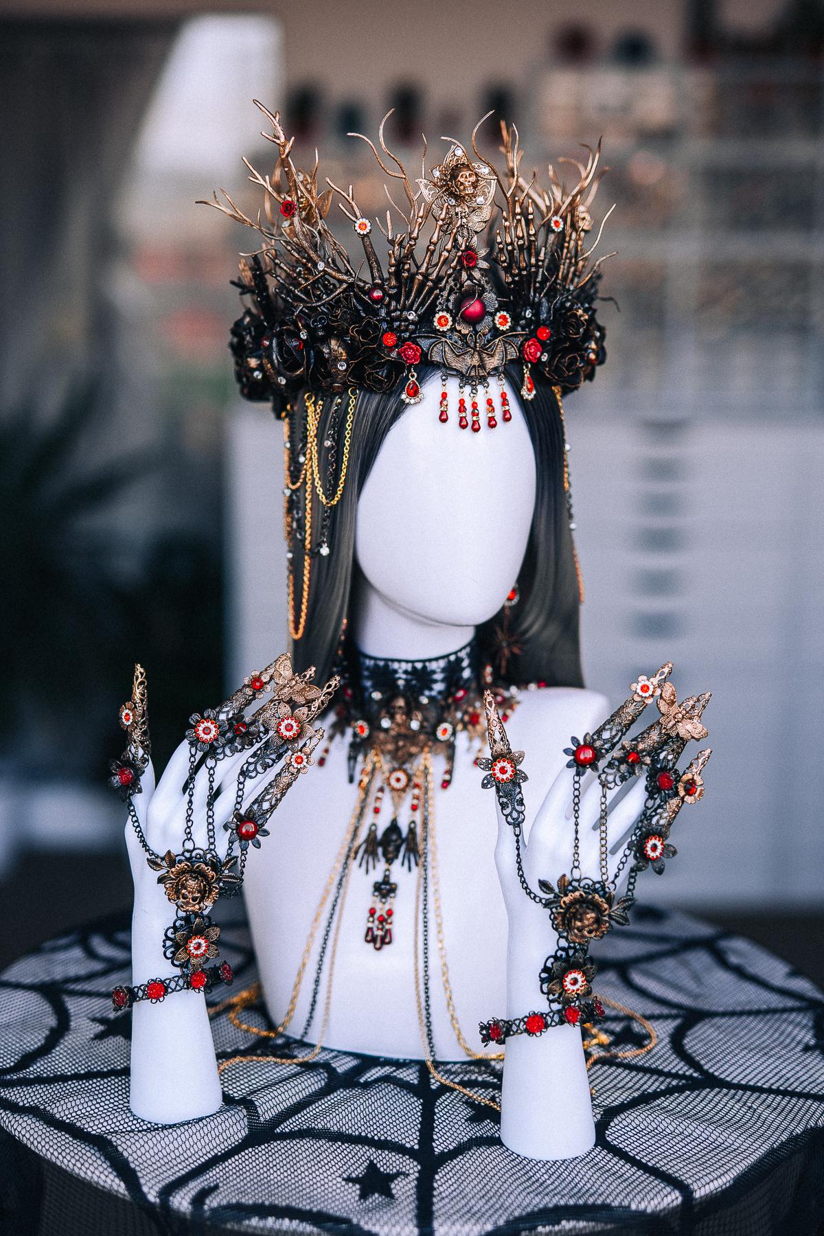 Gothic Crown with Red Stones, Black Roses, Skeletal Hands and Branching Details