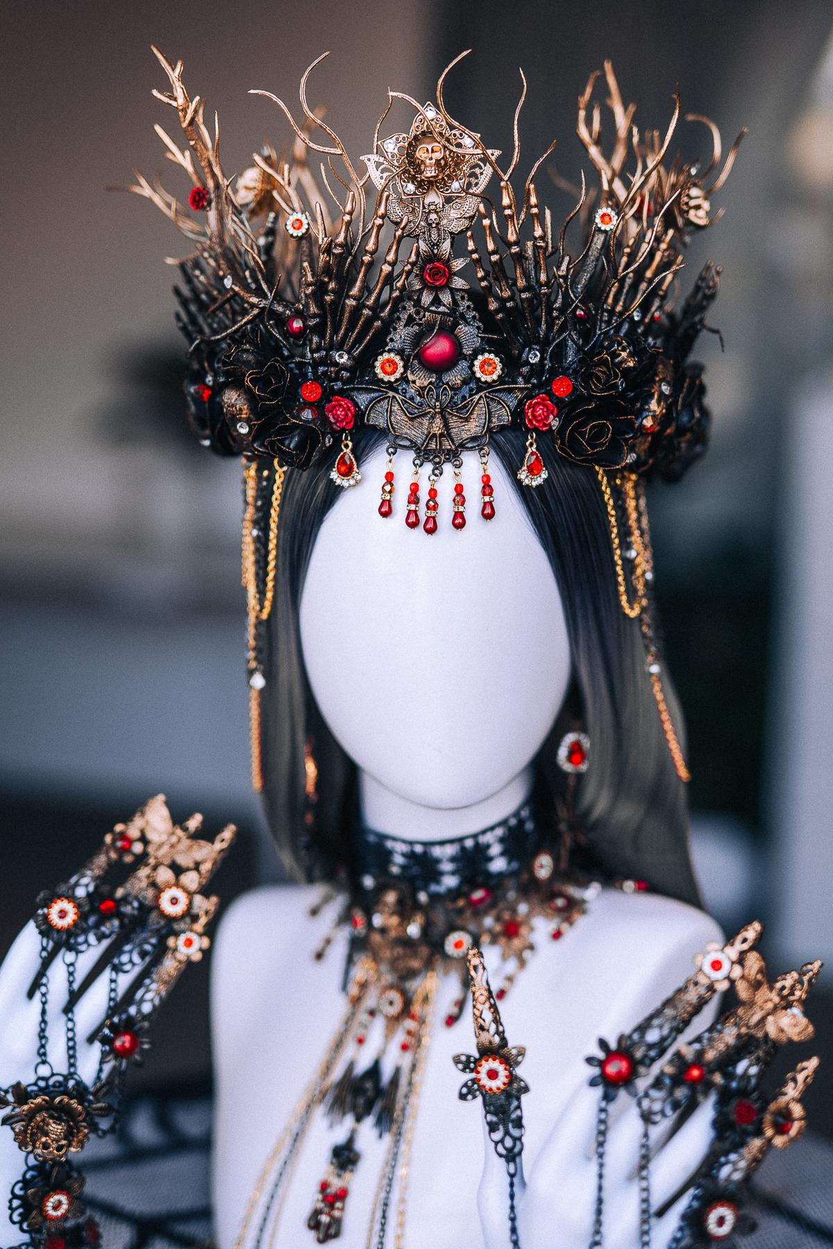Gothic Crown with Red Stones, Black Roses, Skeletal Hands and Branching Details