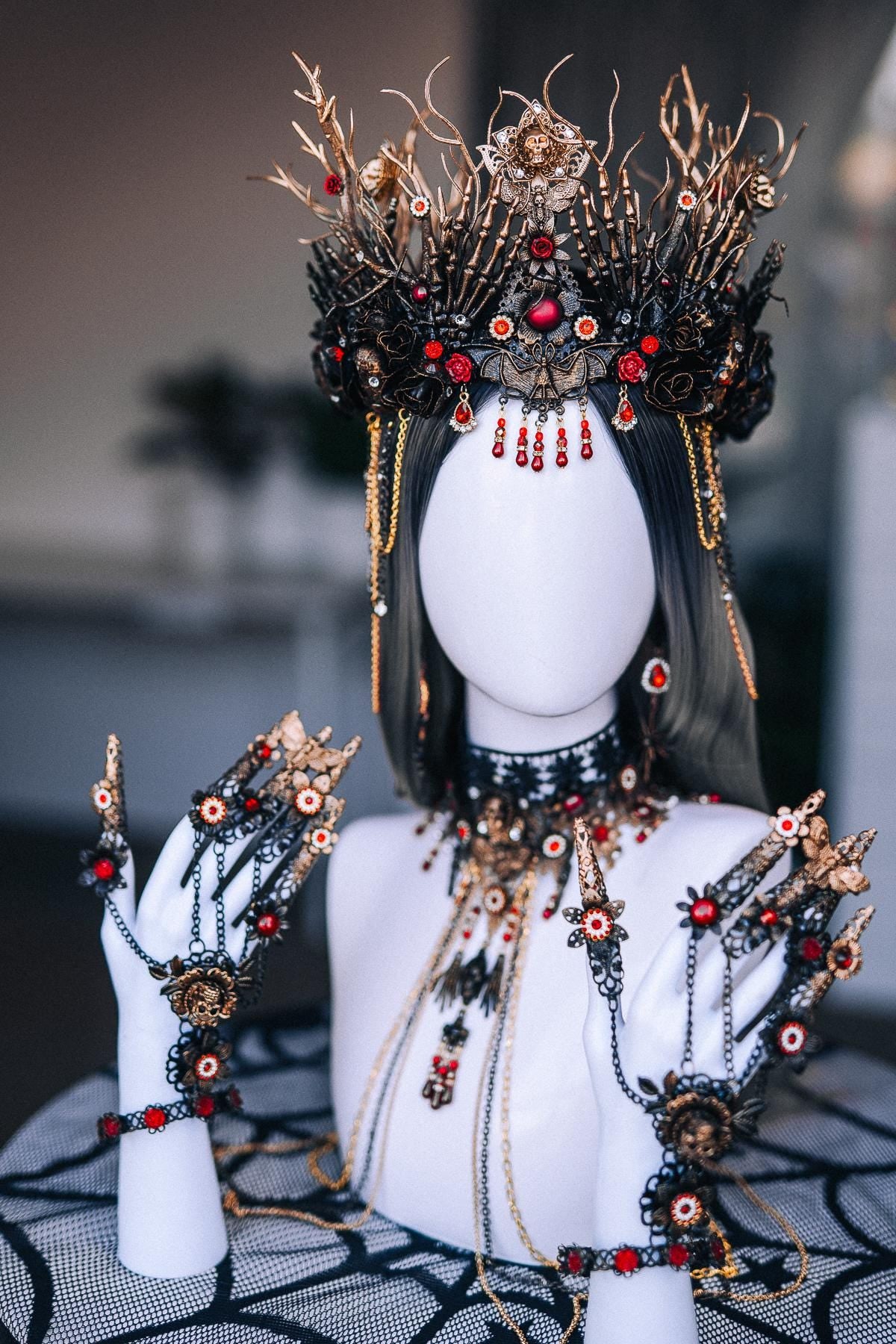 Gothic Crown with Red Stones, Black Roses, Skeletal Hands and Branching Details