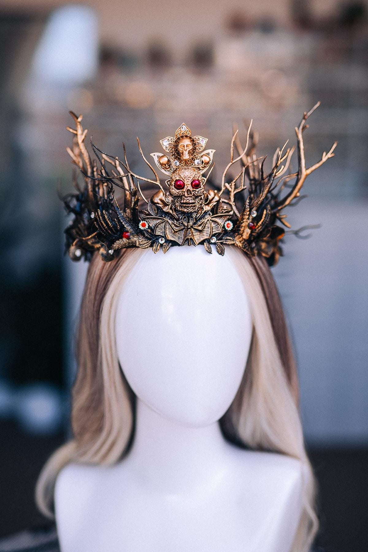 Gothic Witch Crown with Skulls, Black and Bronze Branches, Halloween Headpiece