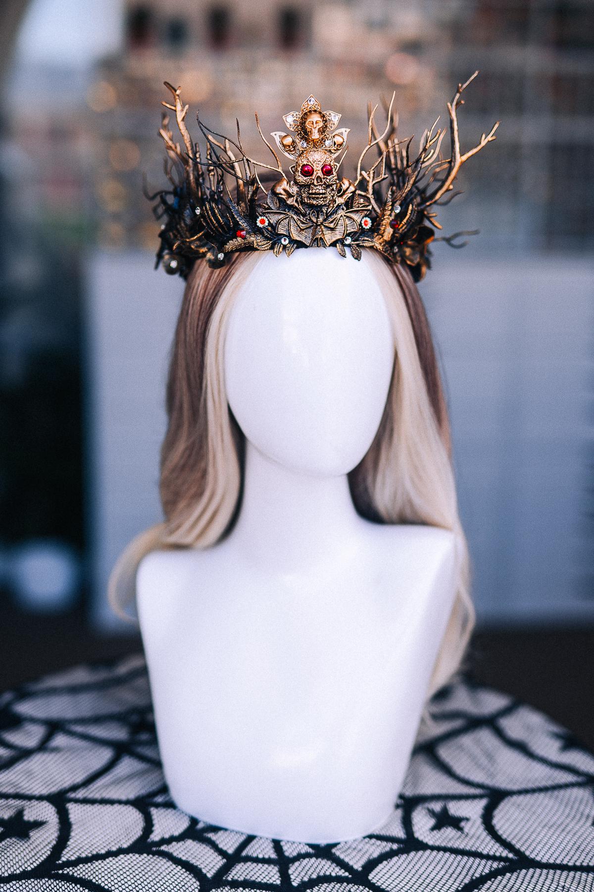 Gothic Witch Crown with Skulls, Black and Bronze Branches, Halloween Headpiece