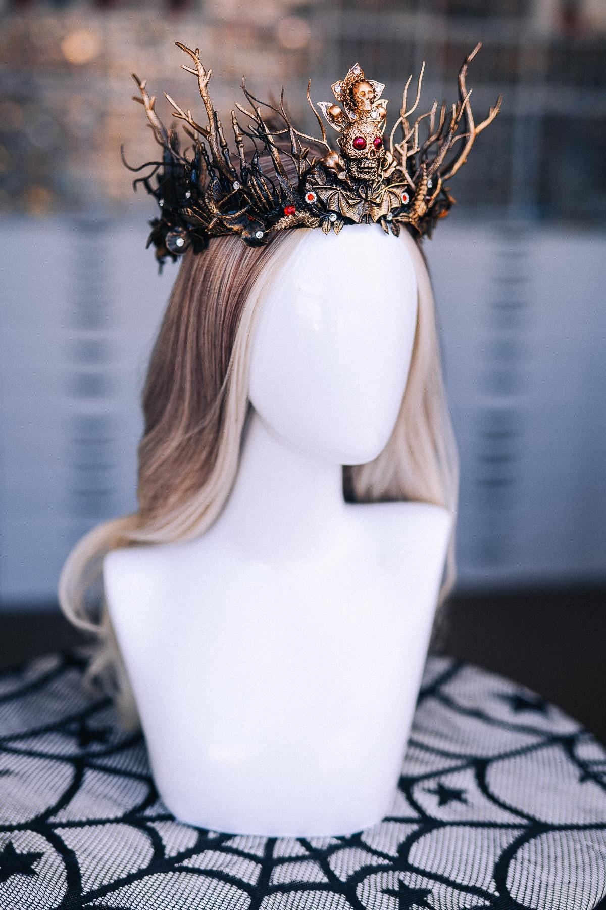 Gothic Witch Crown with Skulls, Black and Bronze Branches, Halloween Headpiece