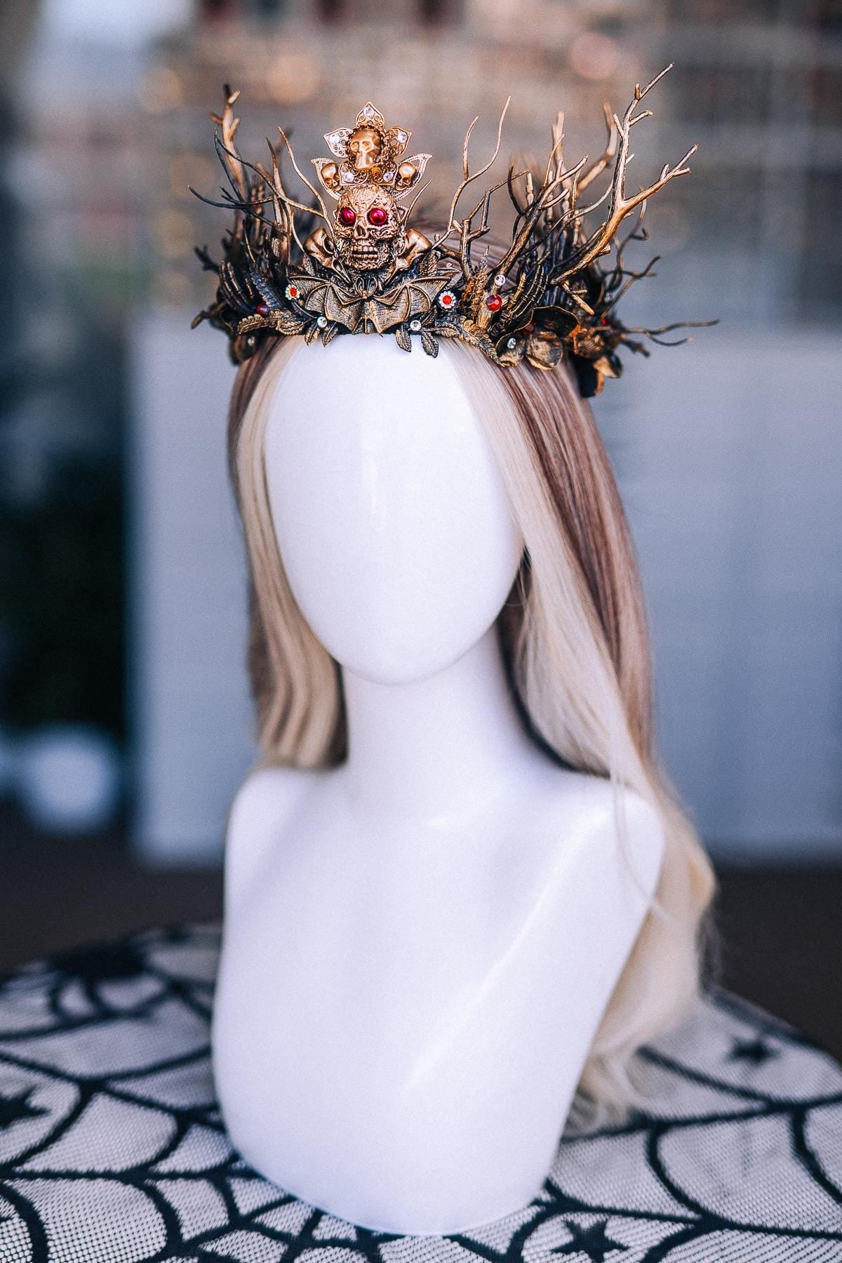 Gothic Witch Crown with Skulls, Black and Bronze Branches, Halloween Headpiece