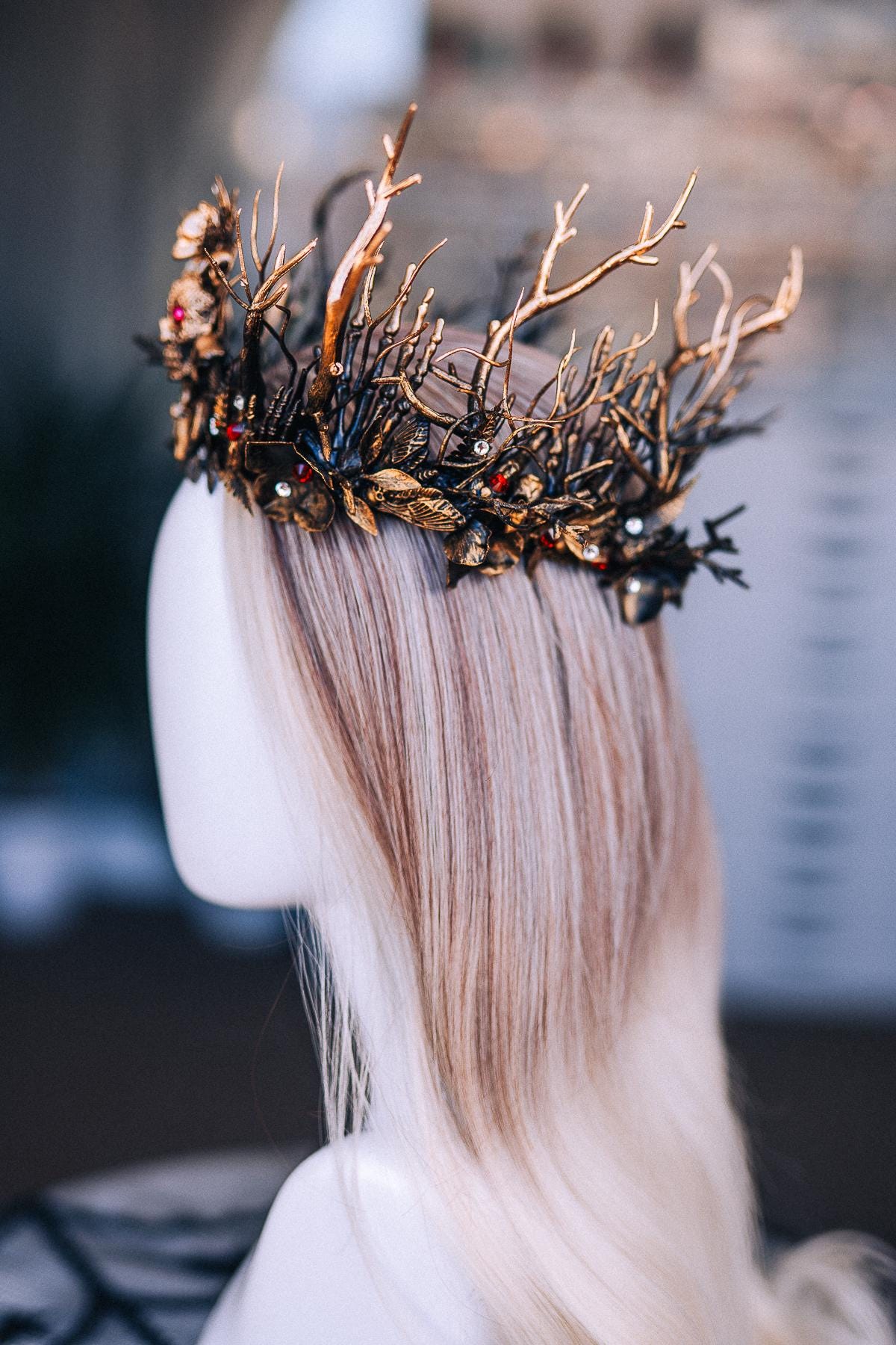 Gothic Witch Crown with Skulls, Black and Bronze Branches, Halloween Headpiece