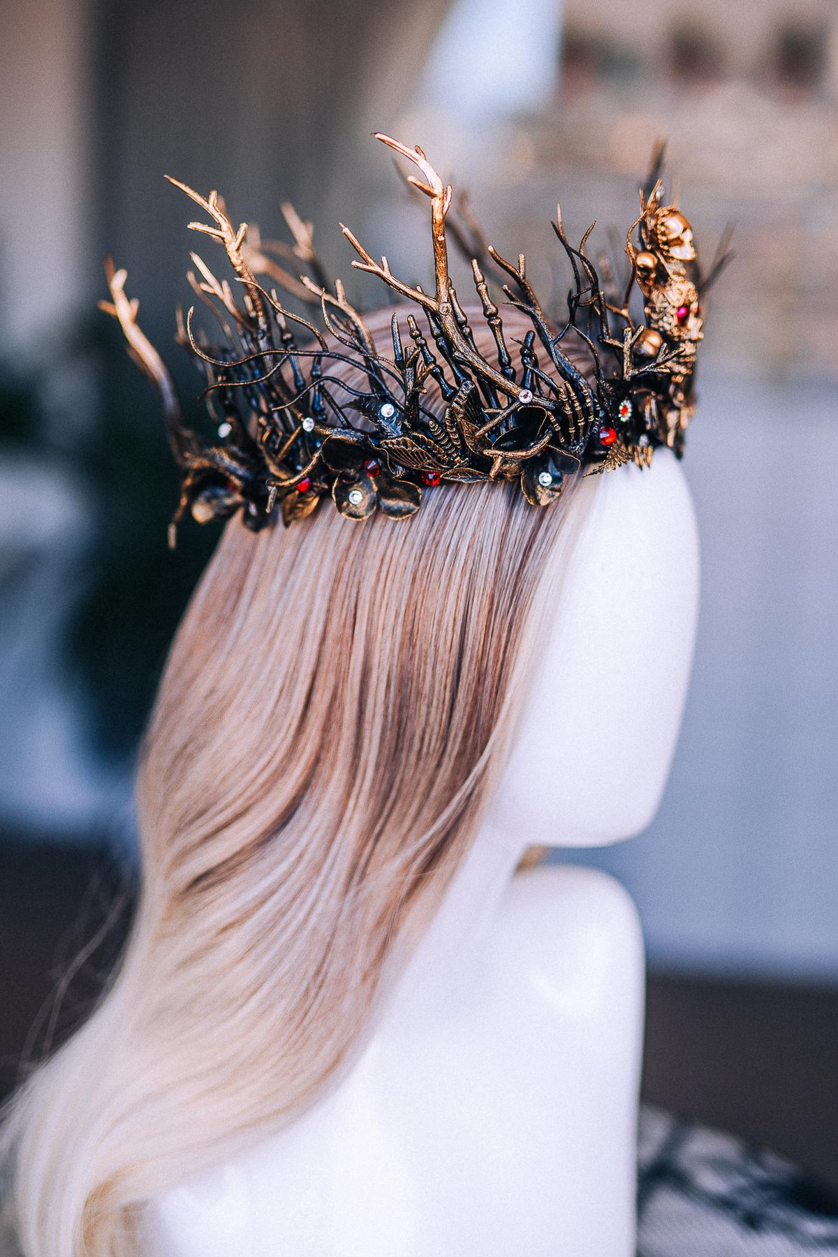 Gothic Witch Crown with Skulls, Black and Bronze Branches, Halloween Headpiece
