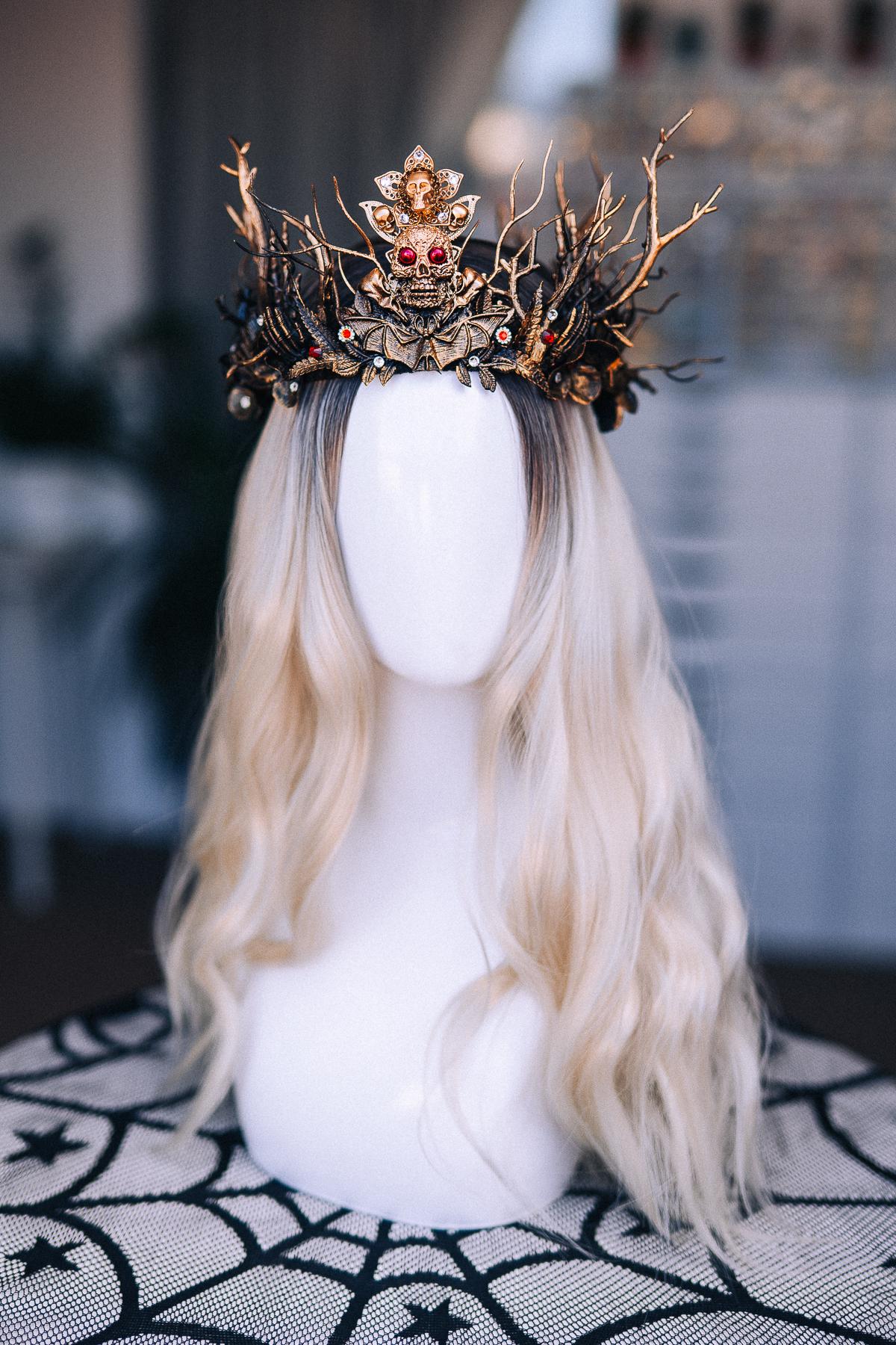 Gothic Witch Crown with Skulls, Black and Bronze Branches, Halloween Headpiece