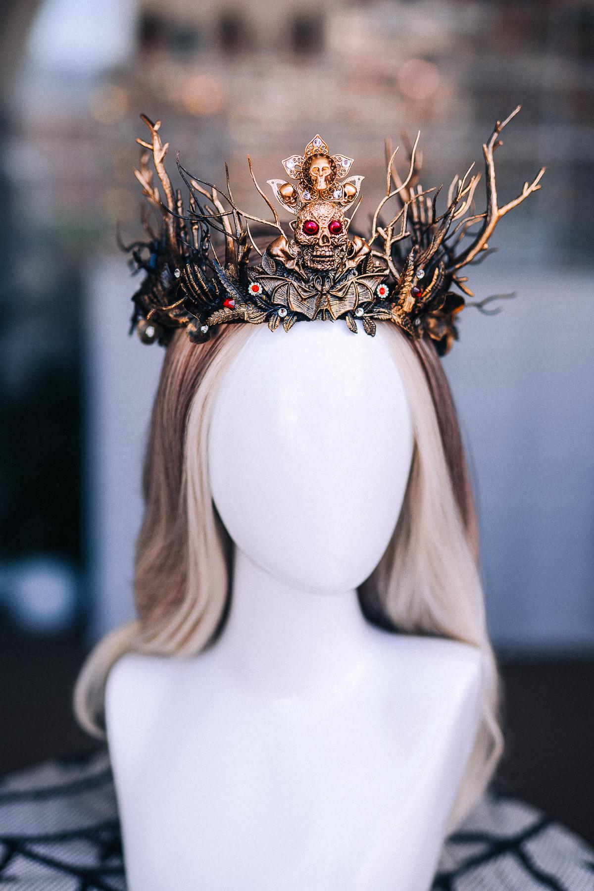 Gothic Witch Crown with Skulls, Black and Bronze Branches, Halloween Headpiece