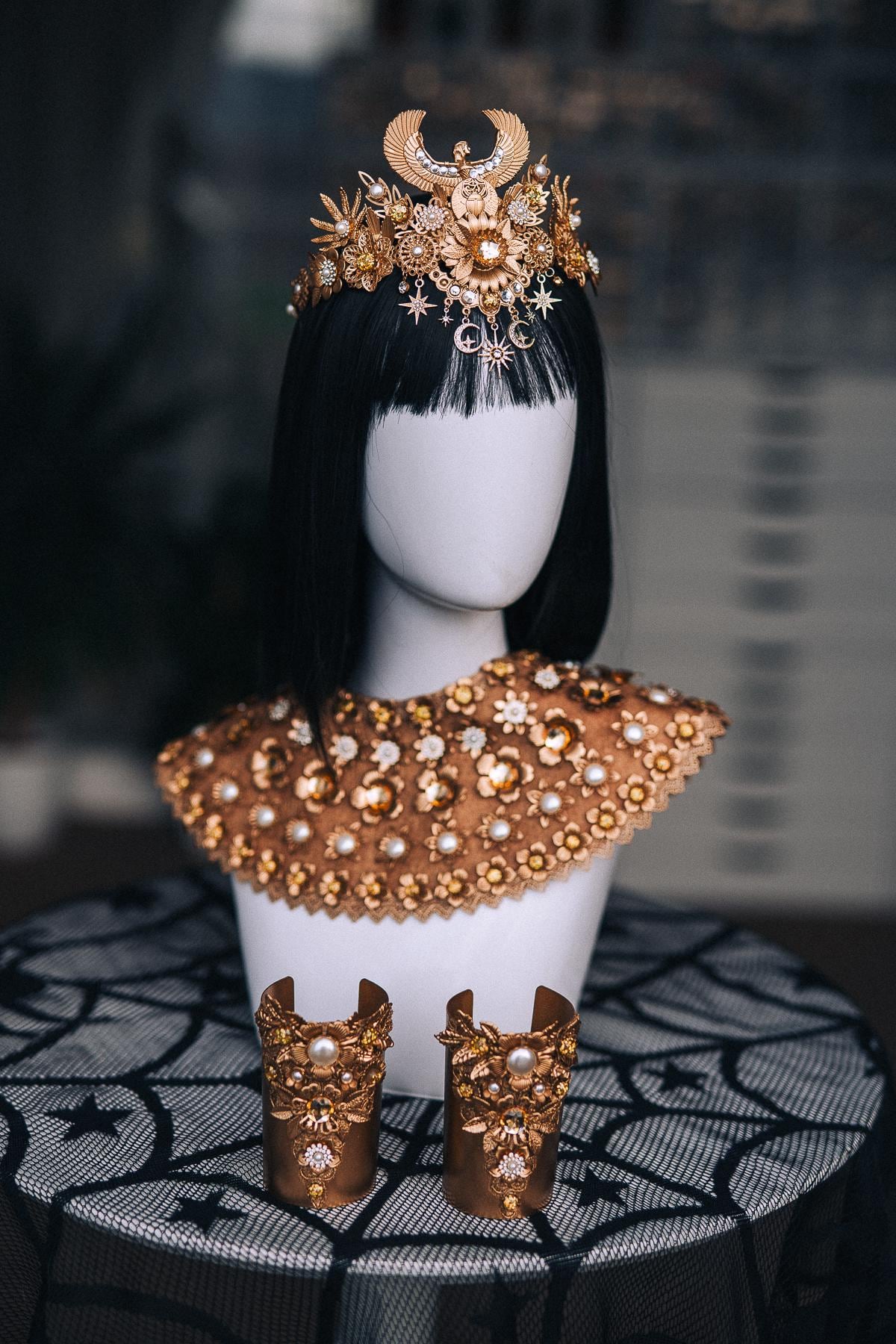 Cleopatra Cuff Bracelet, Wide Gold-Tone Egyptian Jewelry with Pearl and Crystal Accents