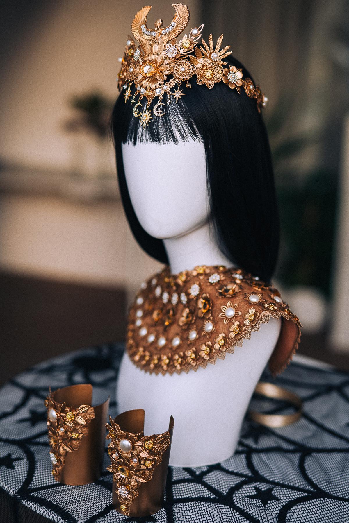 Cleopatra Cuff Bracelet, Wide Gold-Tone Egyptian Jewelry with Pearl and Crystal Accents