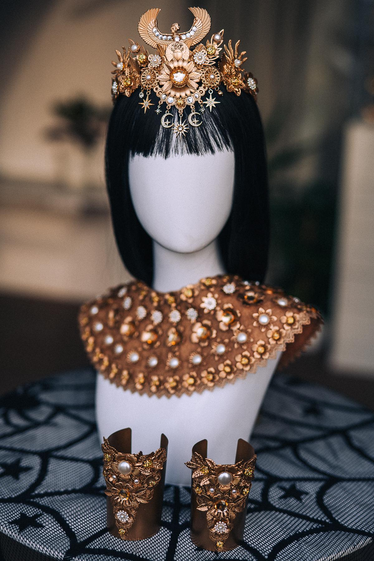 Cleopatra Cuff Bracelet, Wide Gold-Tone Egyptian Jewelry with Pearl and Crystal Accents