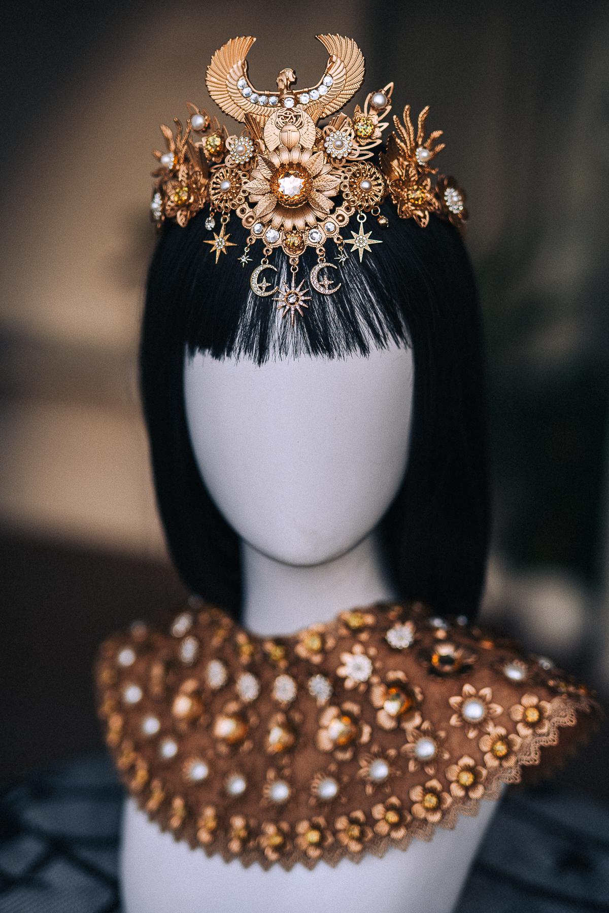 Cleopatra Collar Necklace, Gold-Tone Egyptian Pectoral with Floral, Pearl and Crystal Details