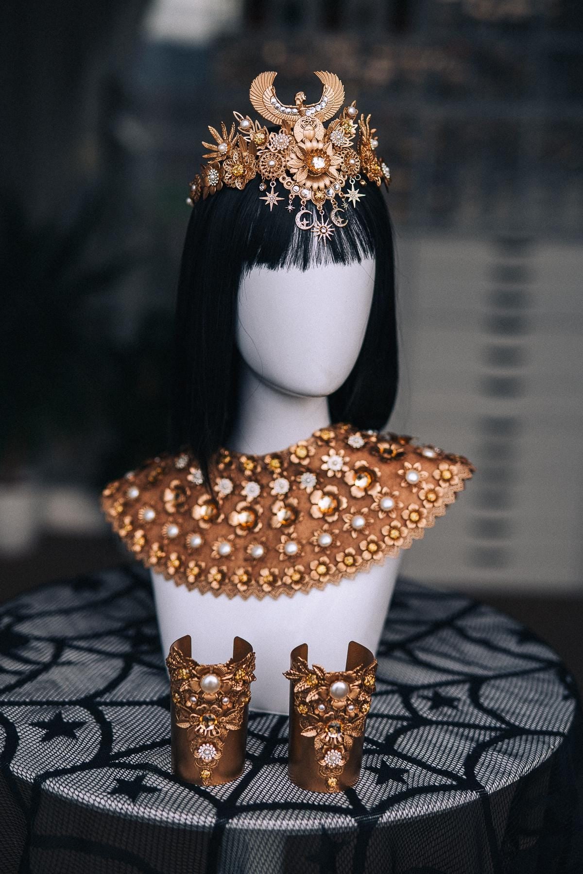 Cleopatra Crown, Gold-Tone Egyptian Tiara with Winged Motif, Pearls and Celestial Charms