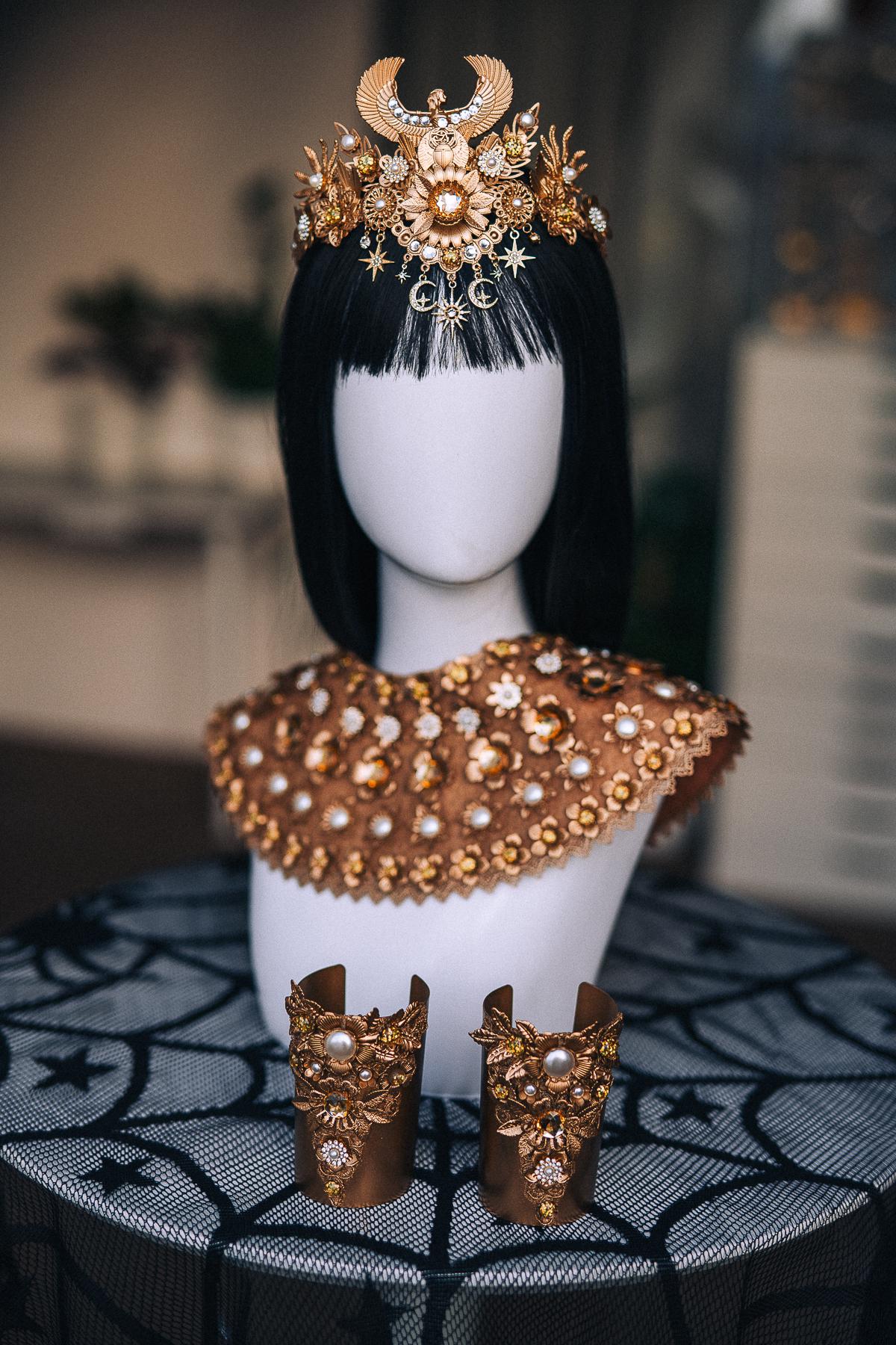Cleopatra Crown, Gold-Tone Egyptian Tiara with Winged Motif, Pearls and Celestial Charms