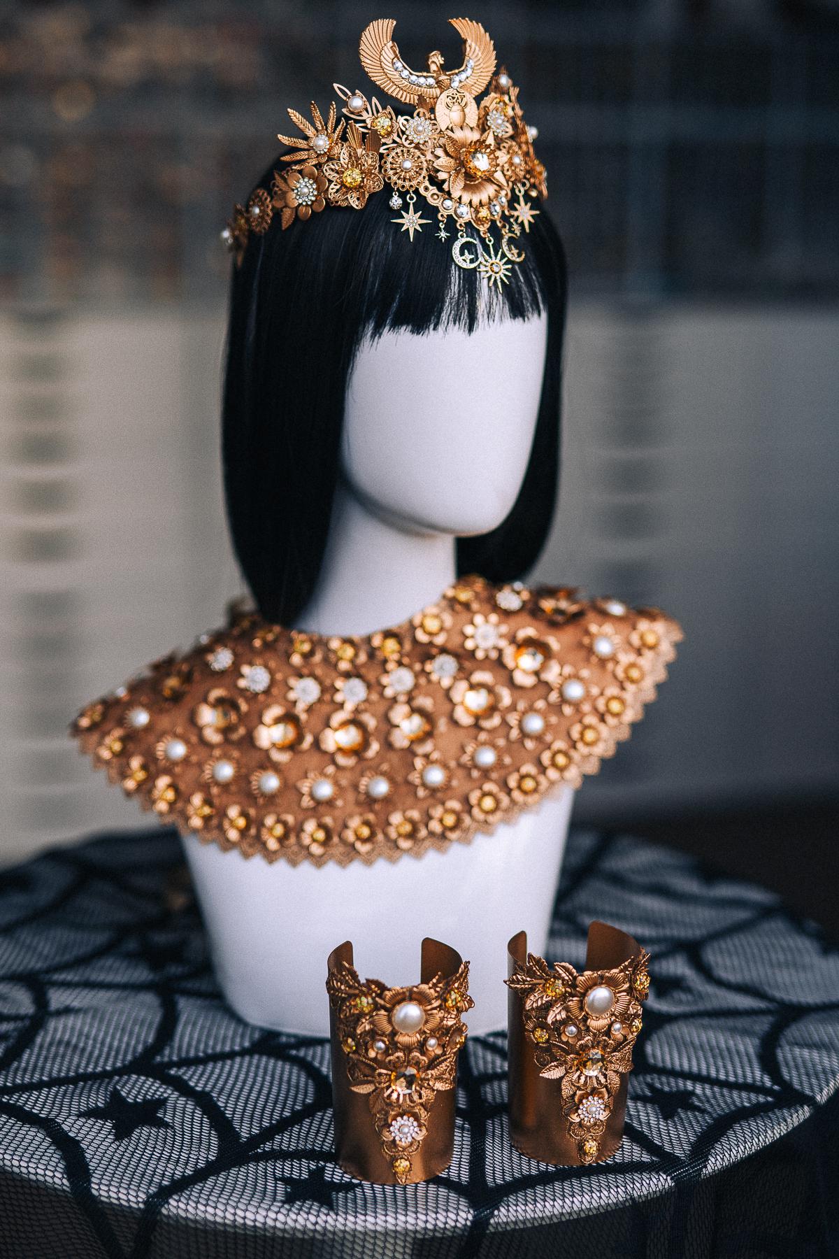 Cleopatra Crown, Gold-Tone Egyptian Tiara with Winged Motif, Pearls and Celestial Charms