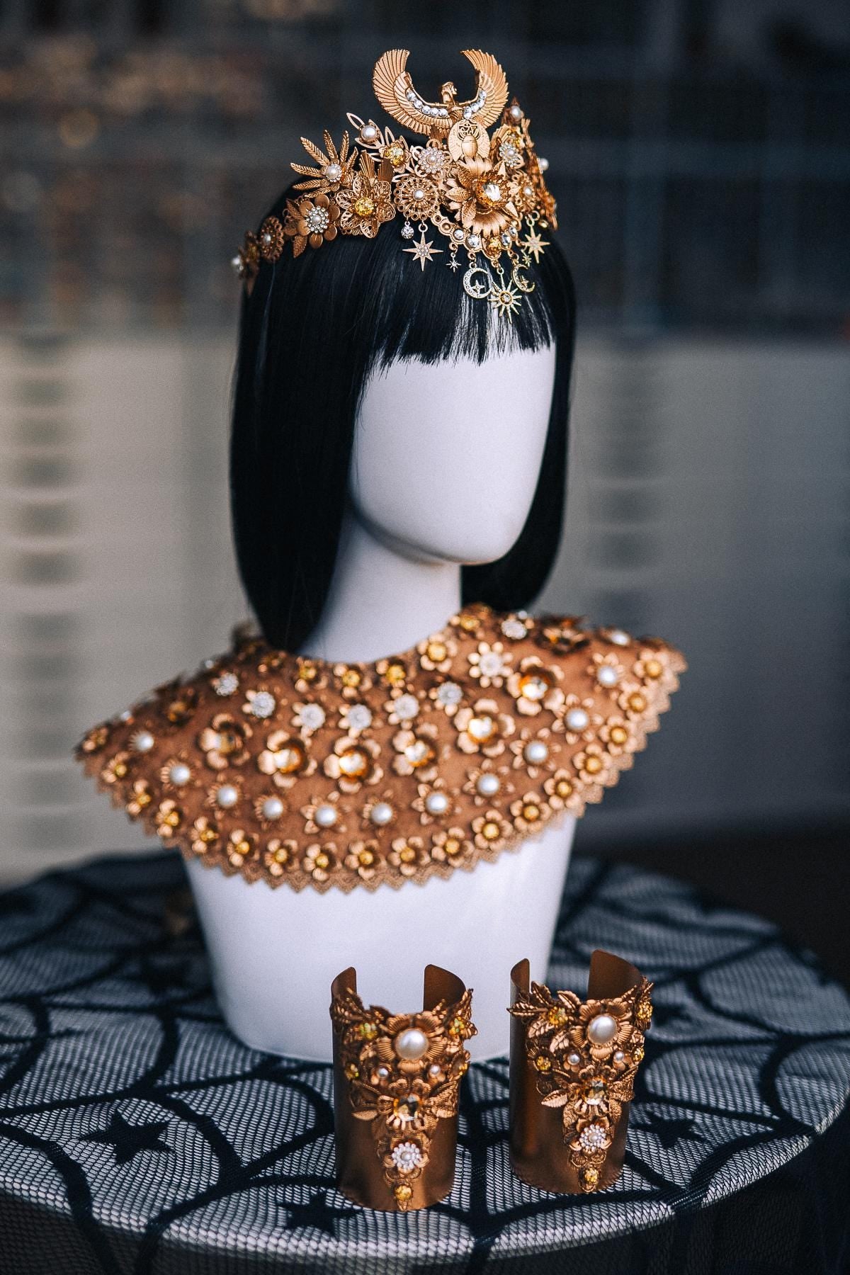 Cleopatra Crown, Gold-Tone Egyptian Tiara with Winged Motif, Pearls and Celestial Charms