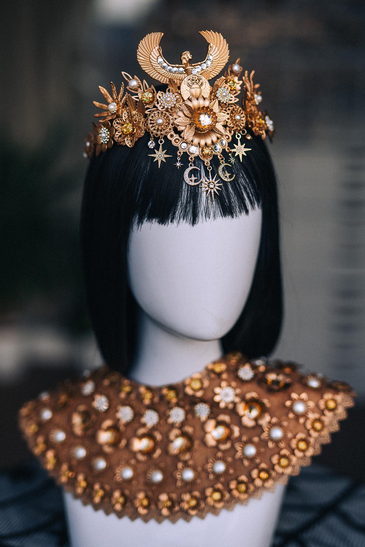 Cleopatra Crown, Gold-Tone Egyptian Tiara with Winged Motif, Pearls and Celestial Charms