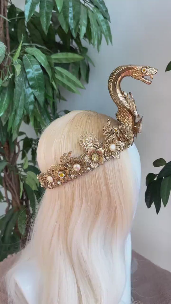 Cleopatra Crown, Egyptian Queen Crown, Gold Cobra Headpiece, Festival Accessories, Carnival Crown, Mardi Gras Headpiece, Halloween Costume