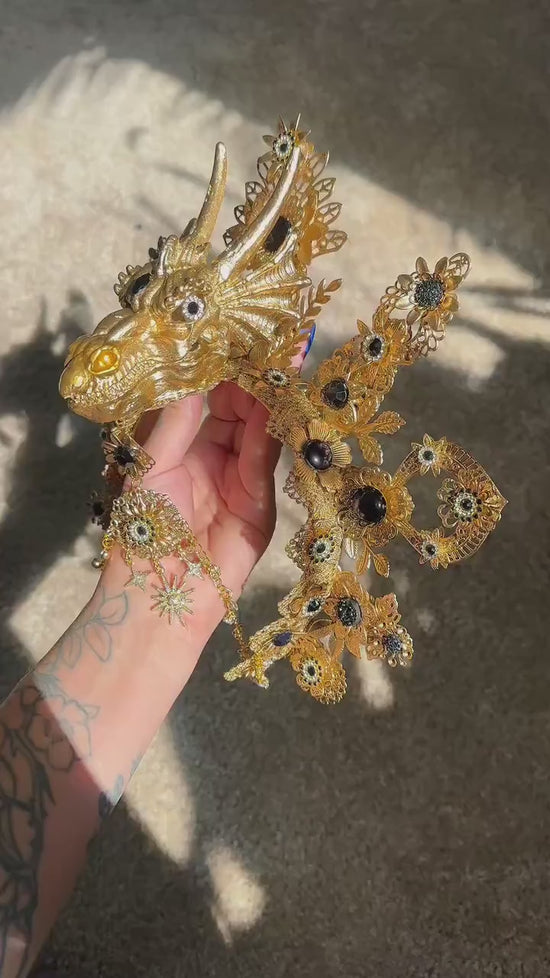 Dragon Crown, Fantasy Headdress, Gold Festival Headpiece, Fire Queen Costume, Burning Man Crown, Mythical Halo, Gothic Dragon Tiara