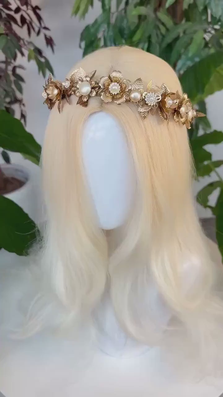 Golden Floral Crown, Wedding Flower Tiara, Boho Gold Headpiece, Pearl Bridal Crown, Handmade Goddess Halo, Rustic Bride Crown, Garden Tiara