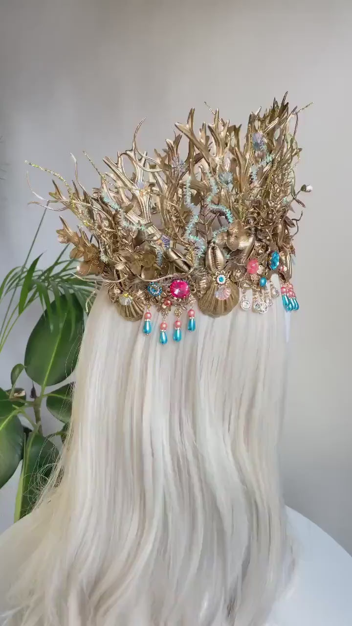 Royal Mermaid Crown, Gold Coral Crown, Shell Crown, Ocean Tiara, Sea Goddess Headpiece, Fantasy Mermaid Tiara, Handmade Sea Crown, Ariel