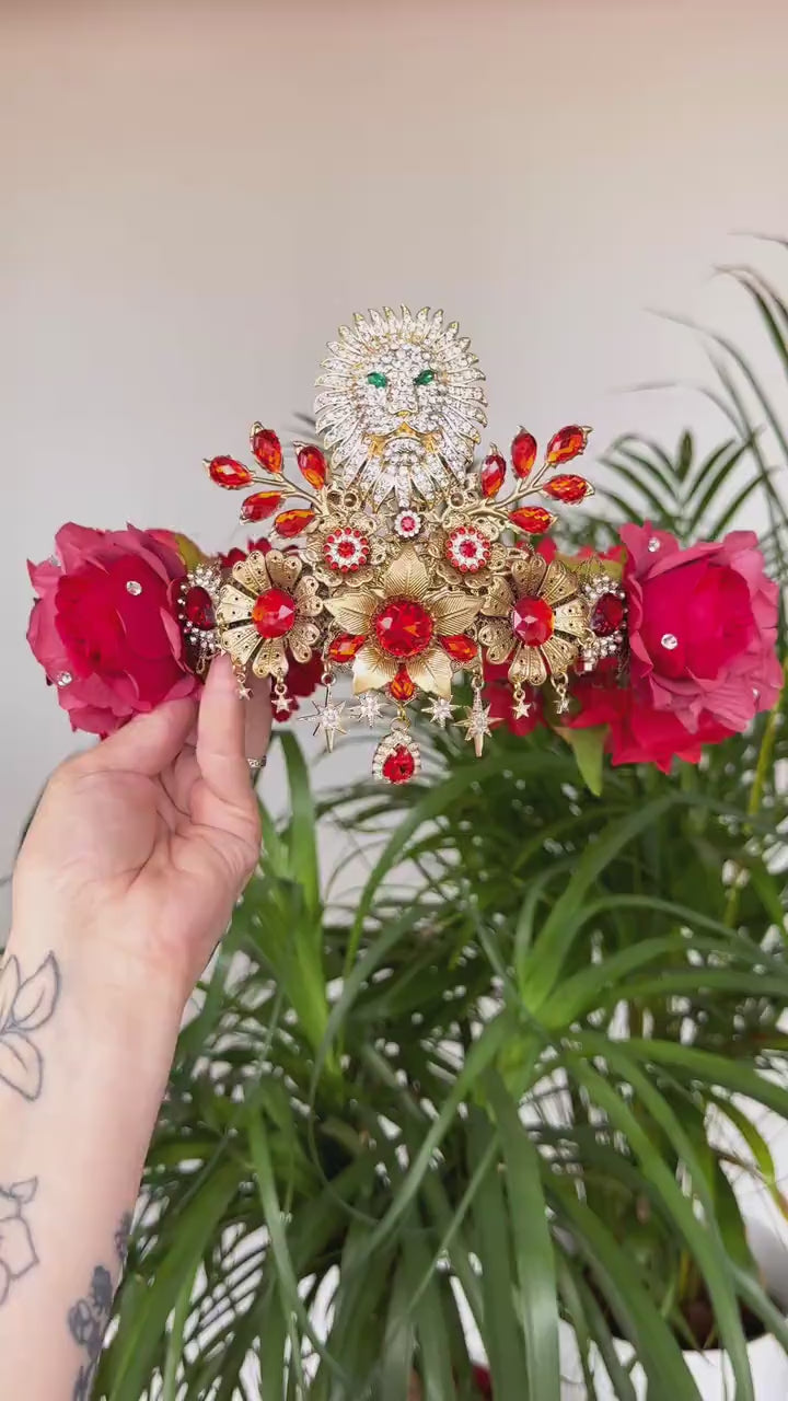 SALE Leo Zodiac signs, Birthday headband, Gold crown, Red flower crown, Zodiac jewelry, Goddess crown, Leo jewelry, Astrology, Birthday