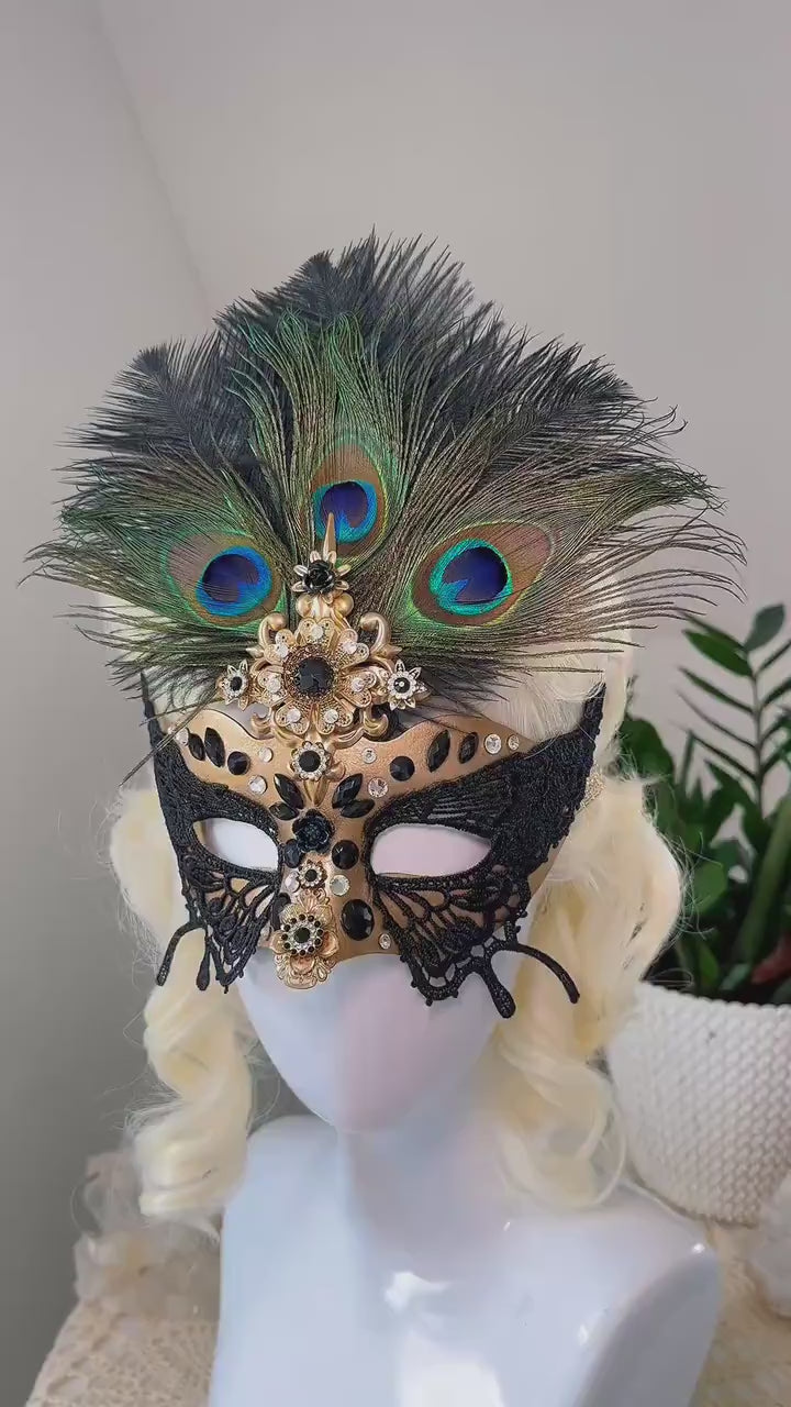 Load and play video in Gallery viewer, Handcrafted Butterfly Lace Mask, Peacock Feather Venetian Carnival, Gothic Halloween Accessory
