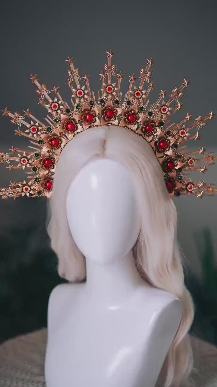 Christmas Halo Crown Red Green Gold Celestial Goddess Headpiece Holiday Tiara
