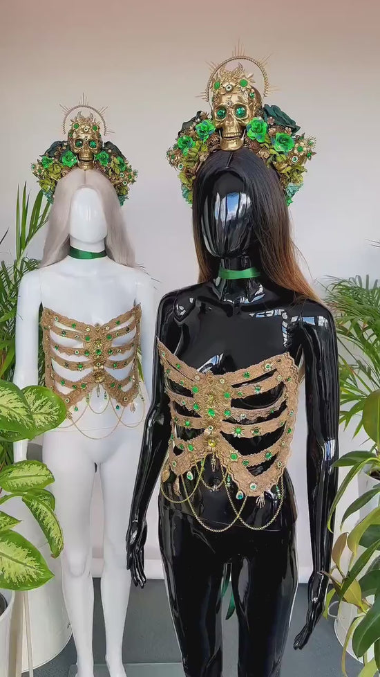 Golden Ribs, Emerald Skeleton, Gold Costume, Festival Outfit, Halloween Body Jewelry, Goddess Top, La Catrina, Gold Corset, Floral Armor