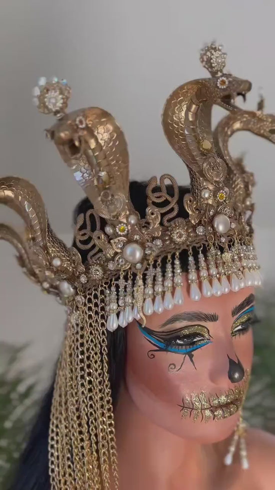Cleopatra Cobra Crown Gold Egyptian Headpiece Halloween Tiara Festival Pearl Headdress Snake Costume Queen Tiara Royal Goddess Carnival